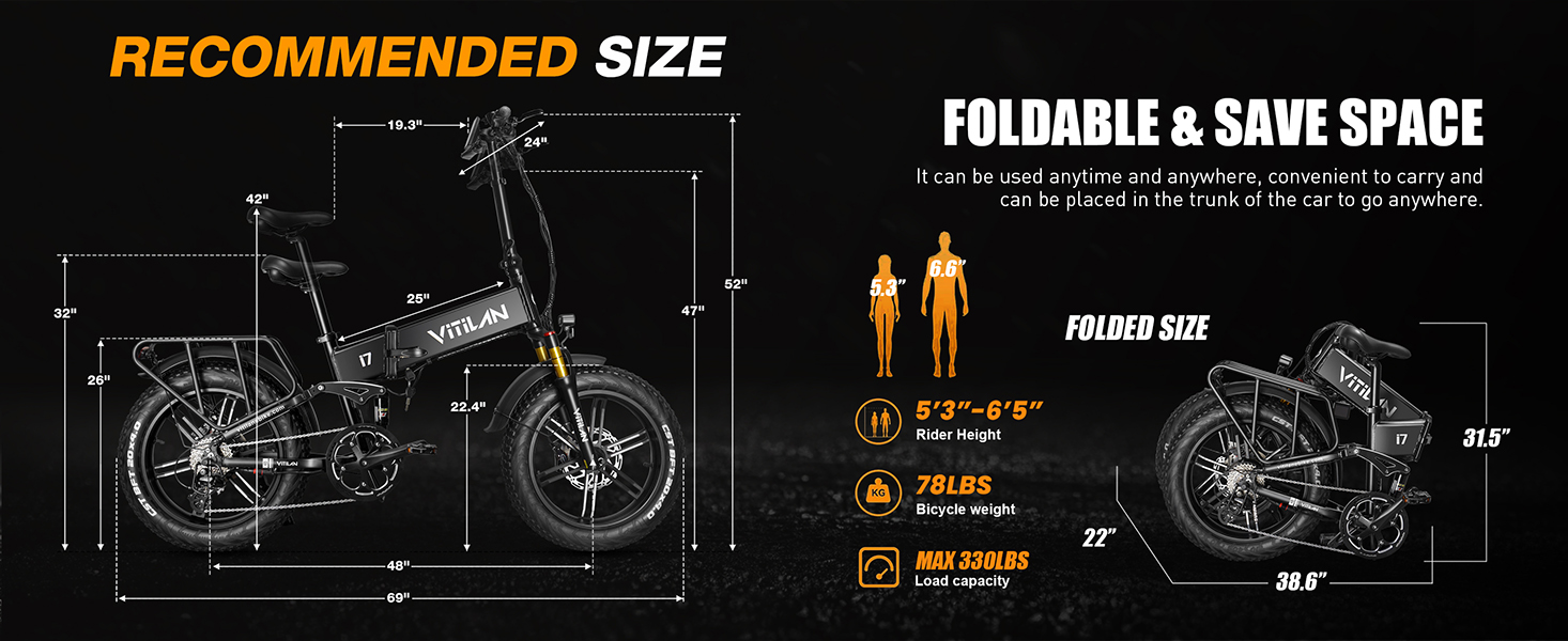 Dimensioni e-bike mostrate. Dimensioni da piegato, altezza del ciclista e limiti di peso dettagliati.