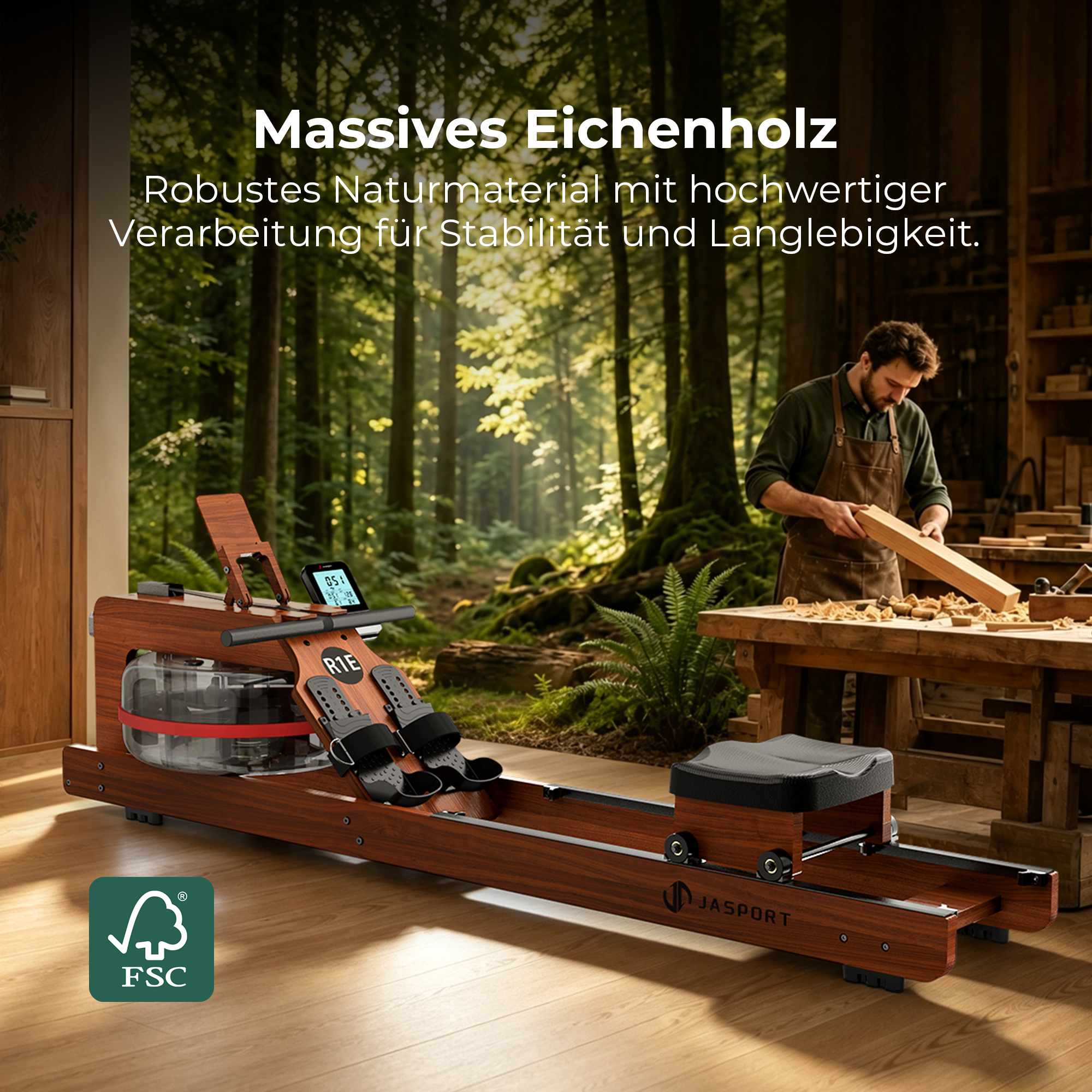 Una macchina da canottaggio in legno con un uomo che lavora il legno e una foresta sullo sfondo.