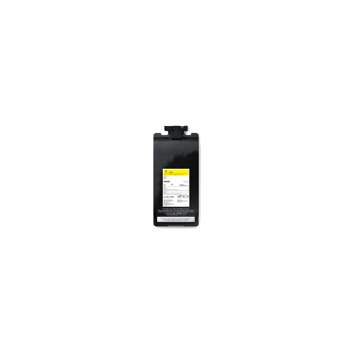 Cartuccia d'inchiostro Epson nera con etichetta gialla. Testo e icone visibili.
