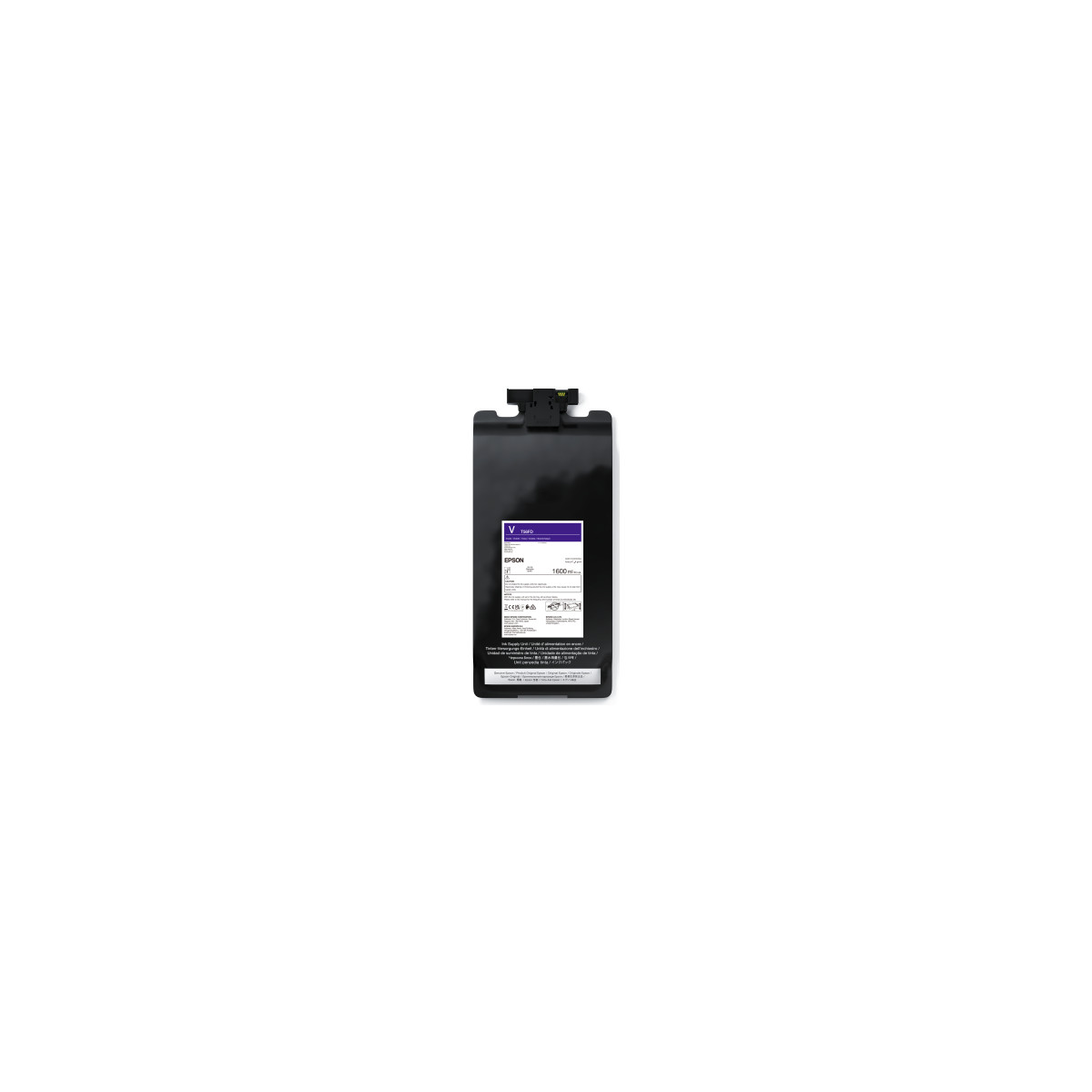 Botella de tinta Epson negra con etiqueta morada. Conectores en la parte superior.