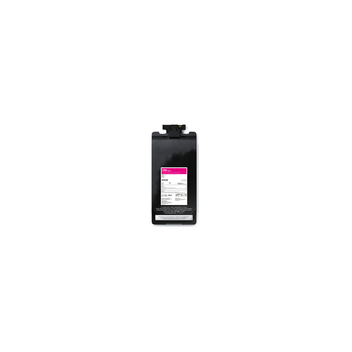 Cartuccia d'inchiostro Epson nera con etichetta rosa, capacità 1600 ml.