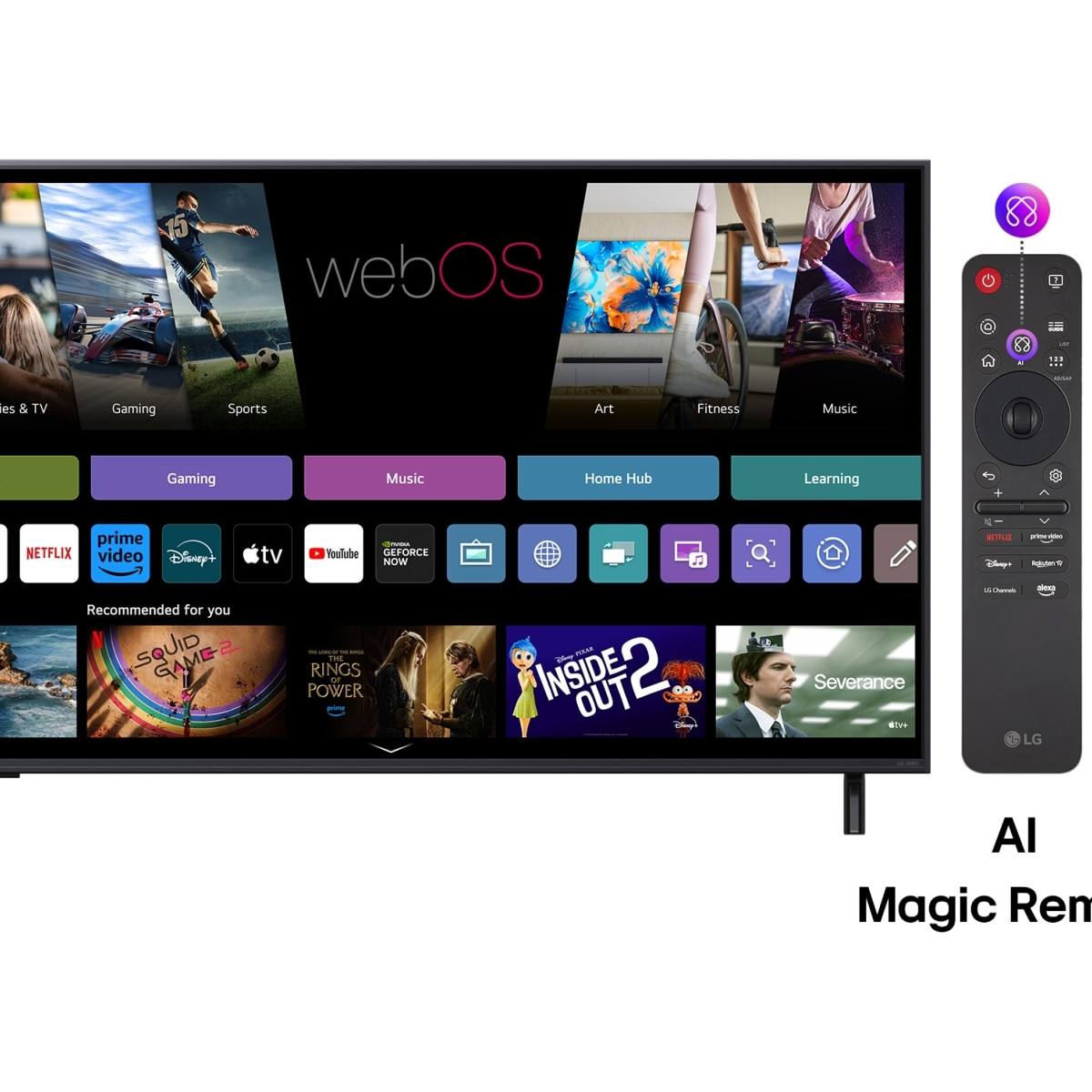 Una Smart TV LG con WebOS mostra app e film. Un telecomando è accanto.