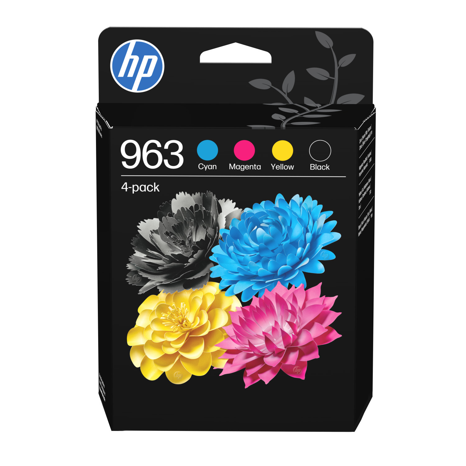 Cartucce d'inchiostro HP 963 confezione da 4 con disegni floreali blu, magenta, giallo e neri.