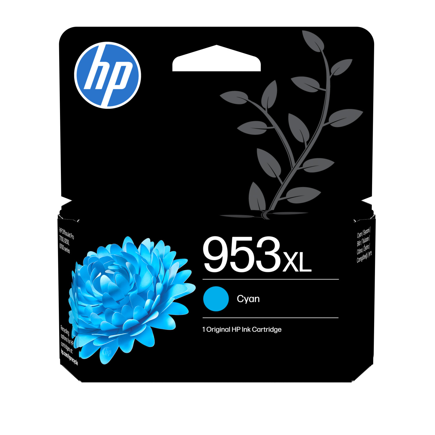 Embalaje para un cartucho de tinta HP 953XL cian con diseño de flor azul.