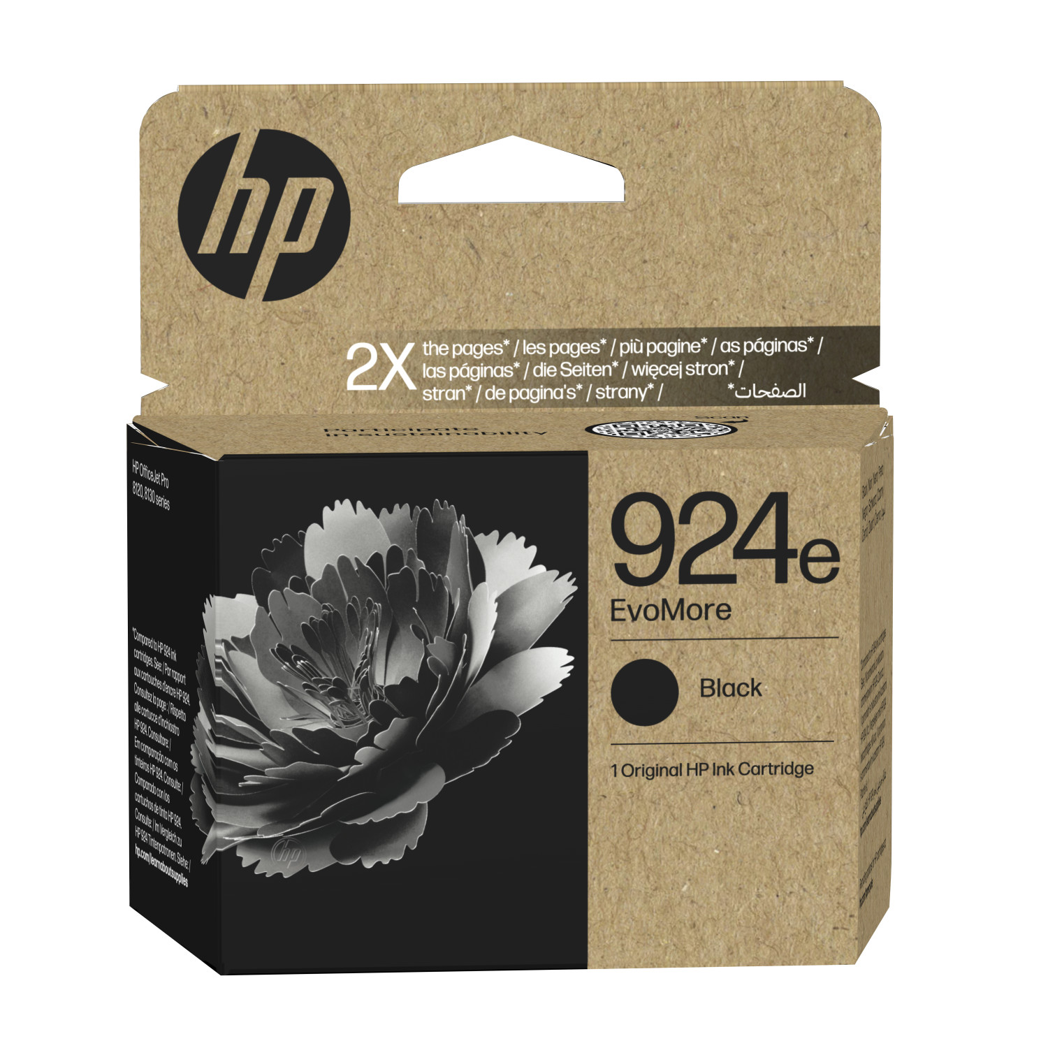 Cartuccia d'inchiostro nera HP 924e EvoMore con disegno floreale sulla confezione.