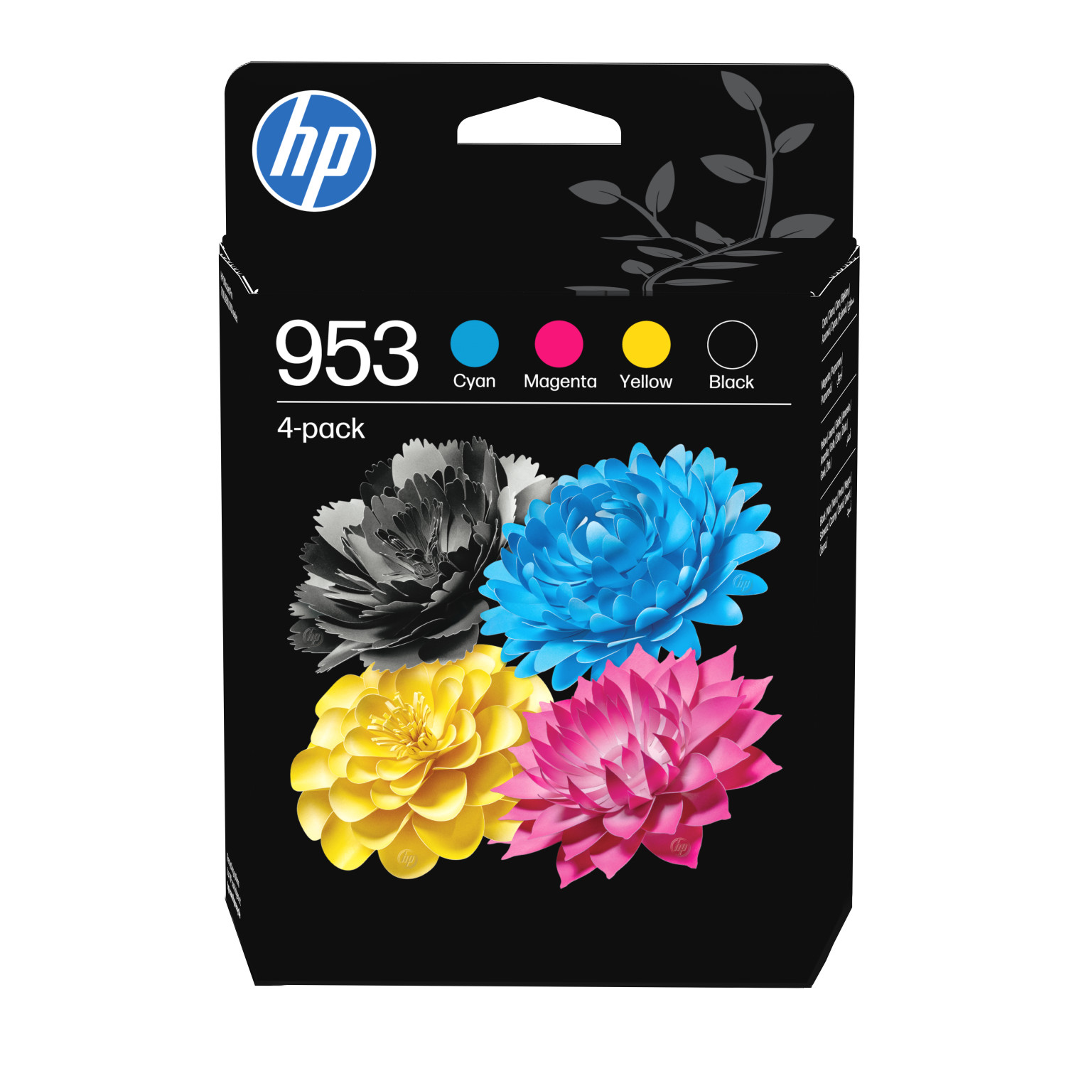 Cartucce d'inchiostro HP 953, confezione da 4, con disegni floreali ciano, magenta, giallo, nero.
