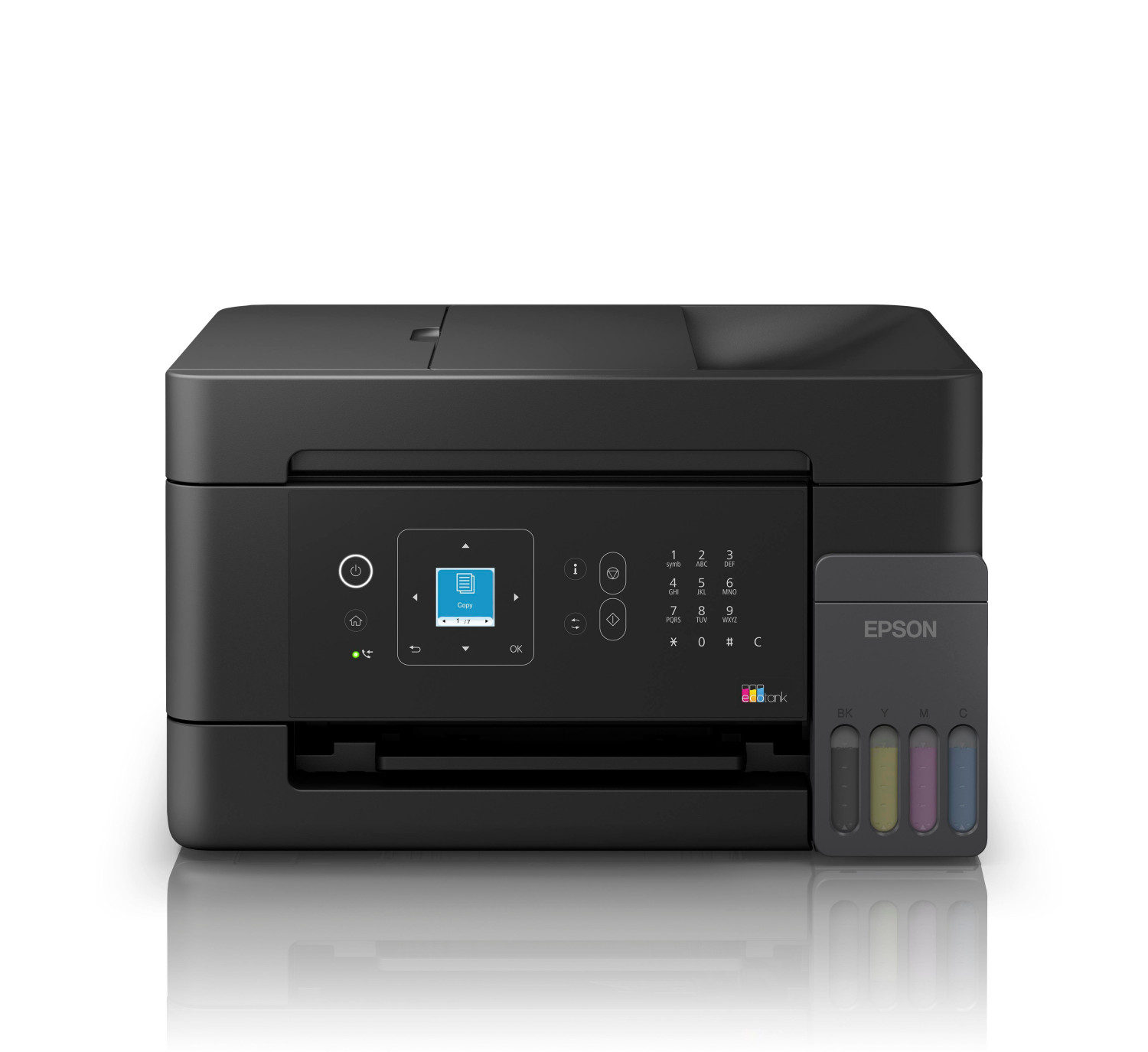 Stampante Epson EcoTank nera con serbatoi d'inchiostro e pannello di controllo.
