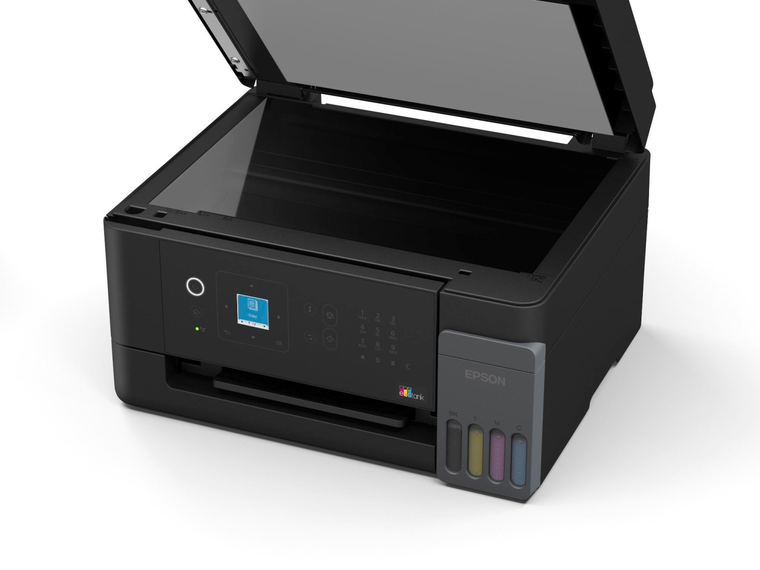 Una stampante Epson nera con il coperchio dello scanner aperto e serbatoi d'inchiostro visibili.
