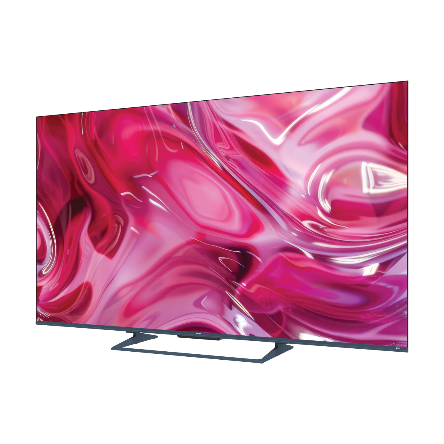Un televisor moderno con marco azul muestra una vibrante imagen abstracta rosa.