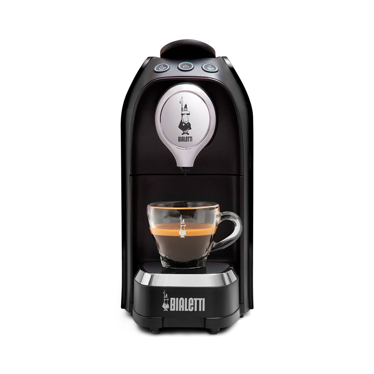 Una macchina da caffè Bialetti nera con tazzina da espresso.