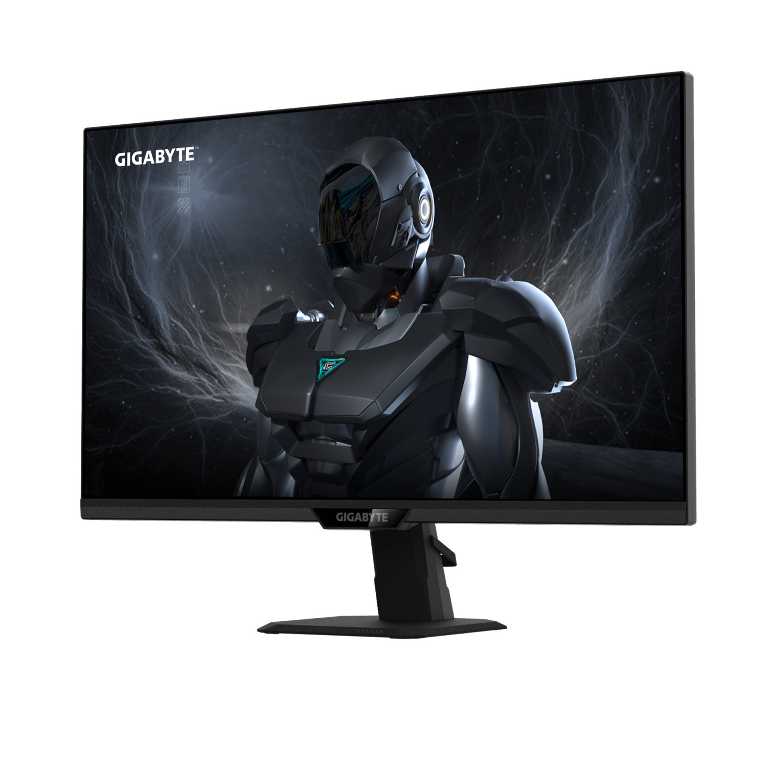 Un monitor nero con un robot futuristico sullo schermo.