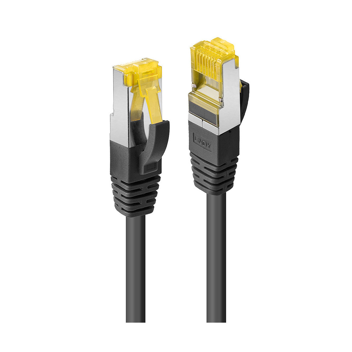 Dos cables de red negros con conectores amarillos sobre fondo blanco.