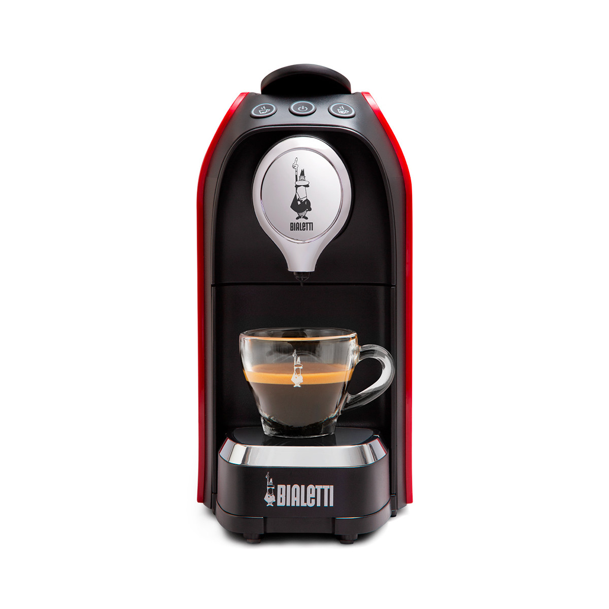 Una macchina da caffè Bialetti rossa e nera con una tazzina di espresso.