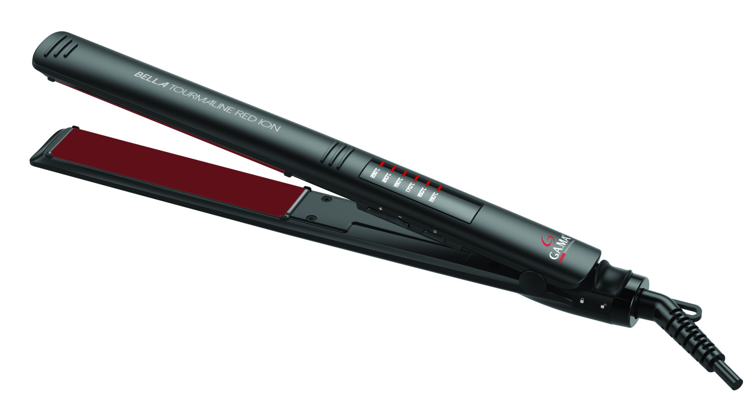 Piastra per capelli nera con piastre rosse e controlli di temperatura. Logo G.MA.