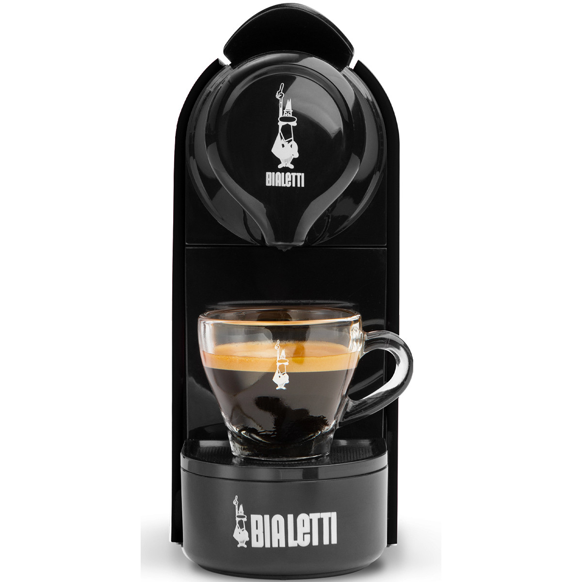 Czarna maszyna do espresso Bialetti z filiżanką espresso z cremą.