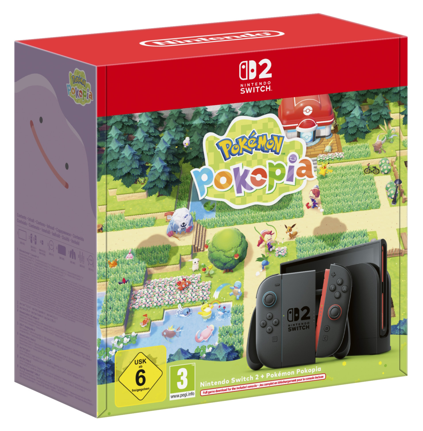 Embalaje de Nintendo Switch + Pokémon Pokopia con imágenes de consola y personajes.