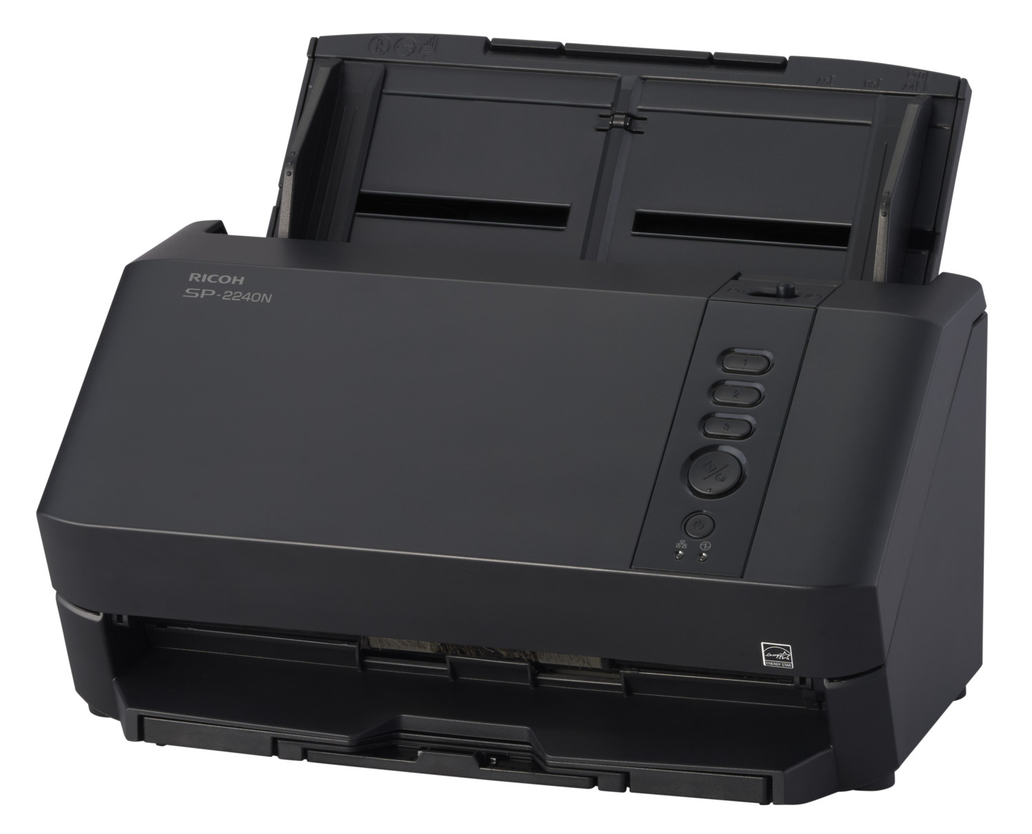 Schwarzer Ricoh SP-2240N Scanner mit offenem Einzugsfach und Bedienfeld.