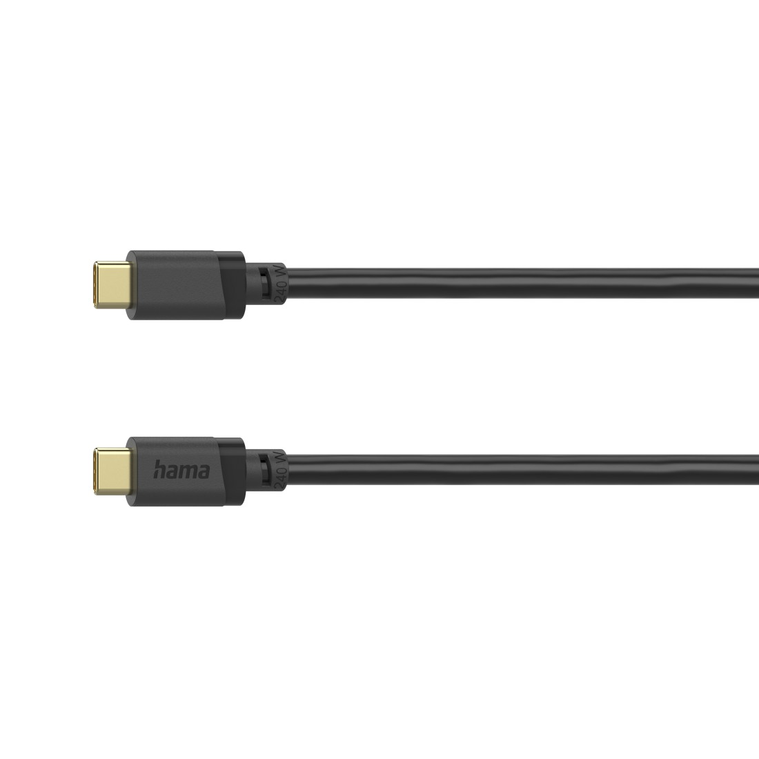 Dwa czarne kable USB-C ze złotymi złączami na białym tle.
