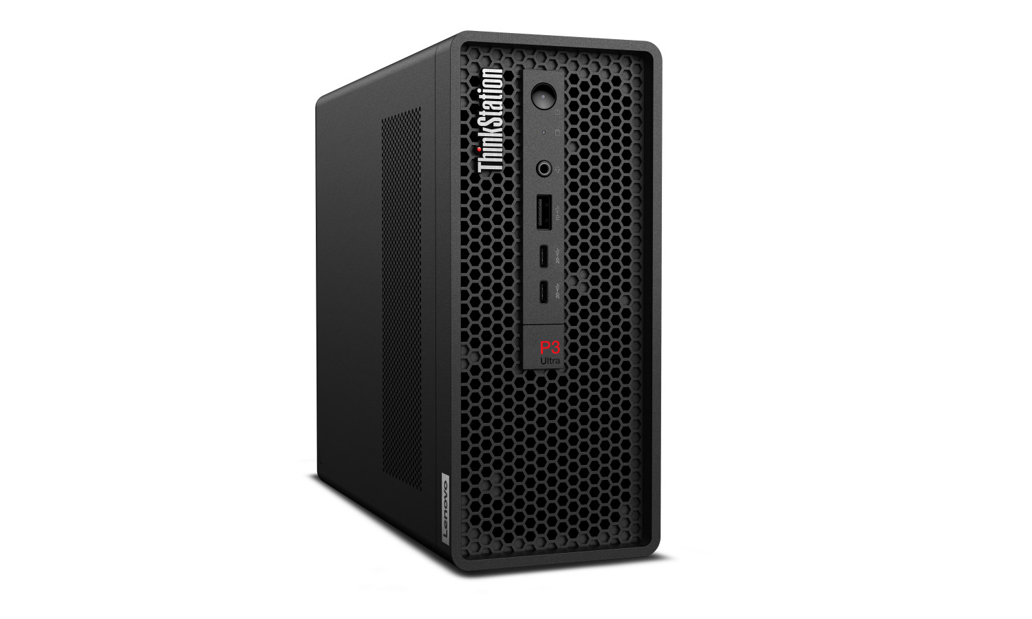 Computer desktop nero Lenovo ThinkStation P3 Ultra con griglia a nido d'ape e porte.