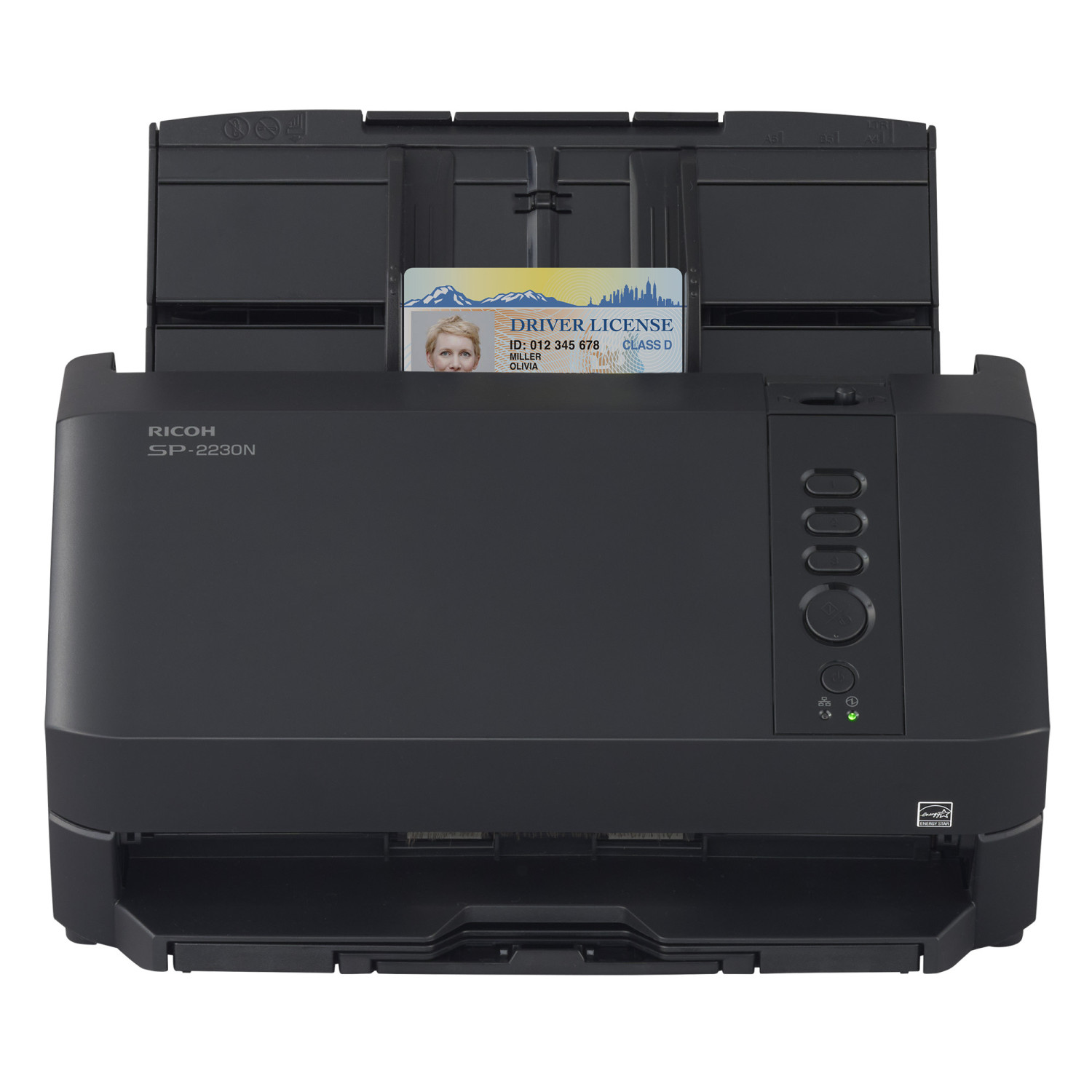 Uno scanner Ricoh SP-2230N nero con una patente di guida nell'alimentatore.