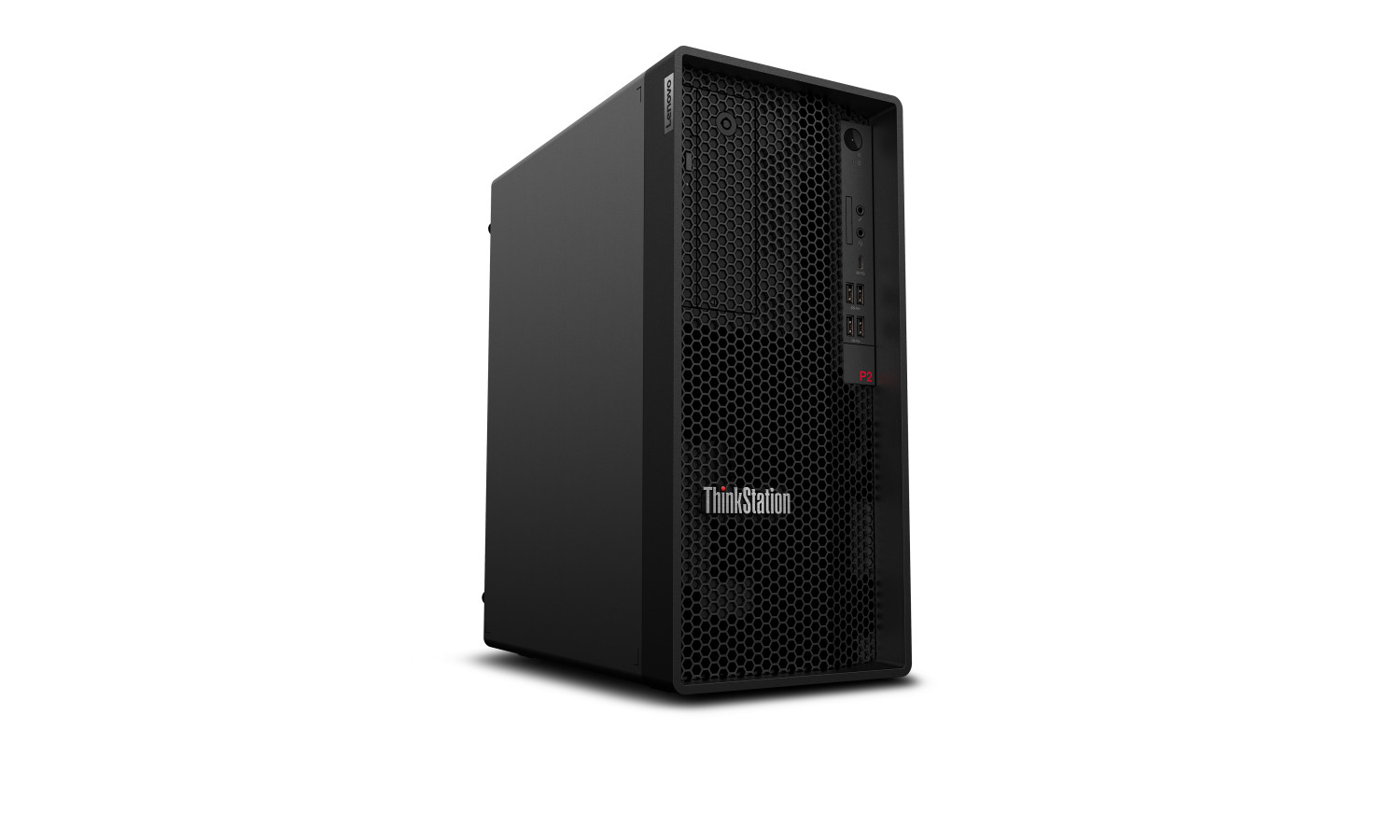 Computer tower nero Lenovo ThinkStation P2 su sfondo bianco.