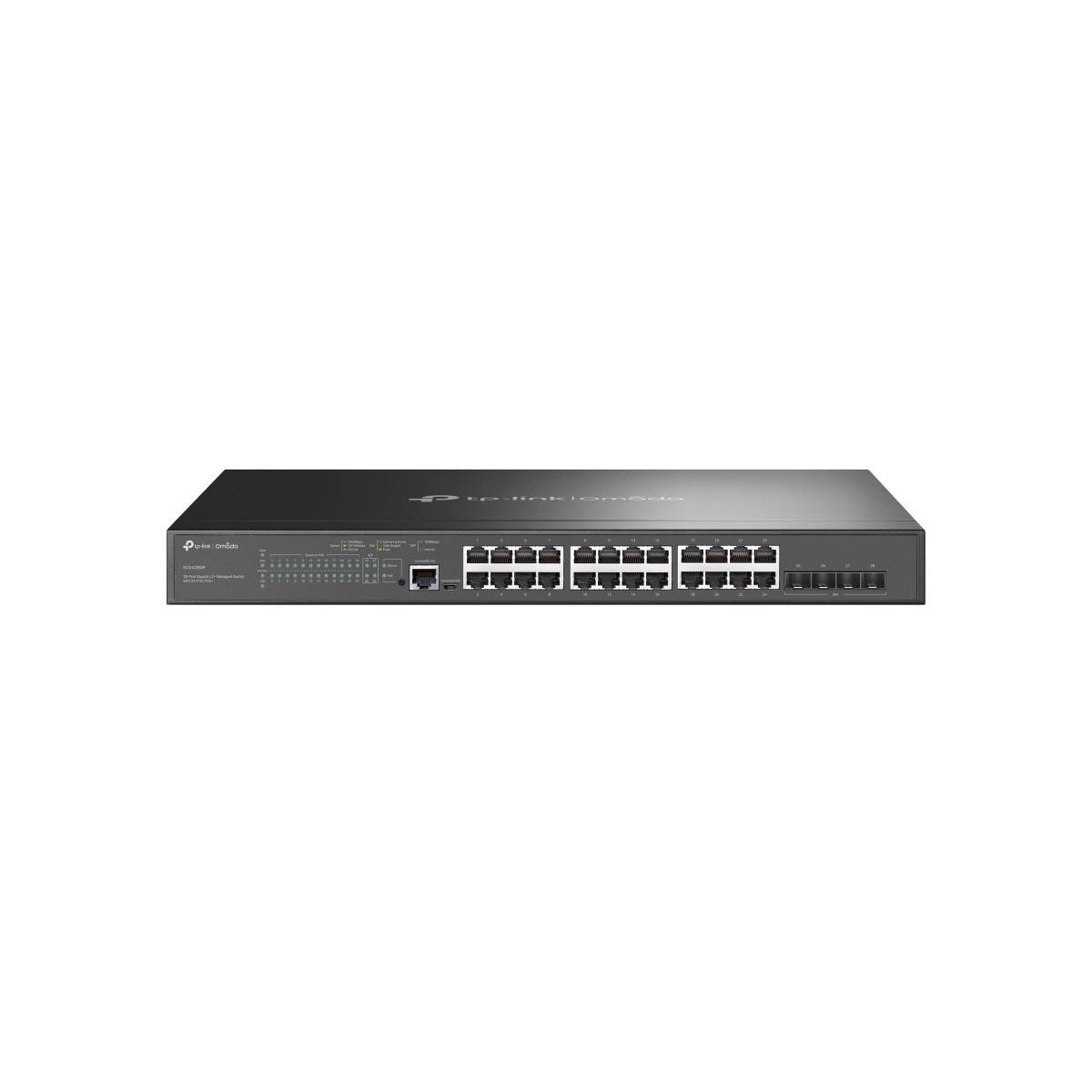 Uno switch TP-Link Omada nero con 24 porte e LED di stato.