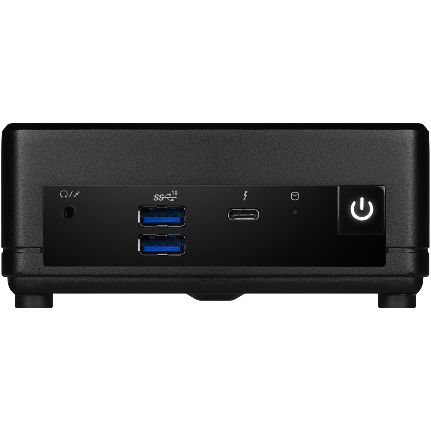 Mini PC nero con porte frontali: cuffie, USB, USB-C e pulsante di accensione.