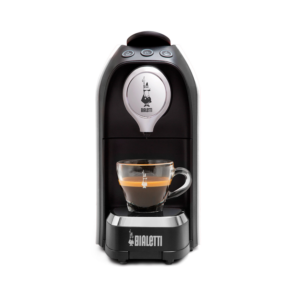 Una macchina per caffè espresso Bialetti nera con una tazza di espresso.