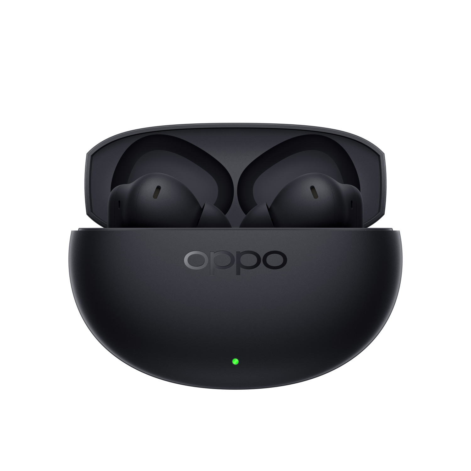 Auricolari wireless neri in una custodia di ricarica aperta con logo Oppo e LED verde.