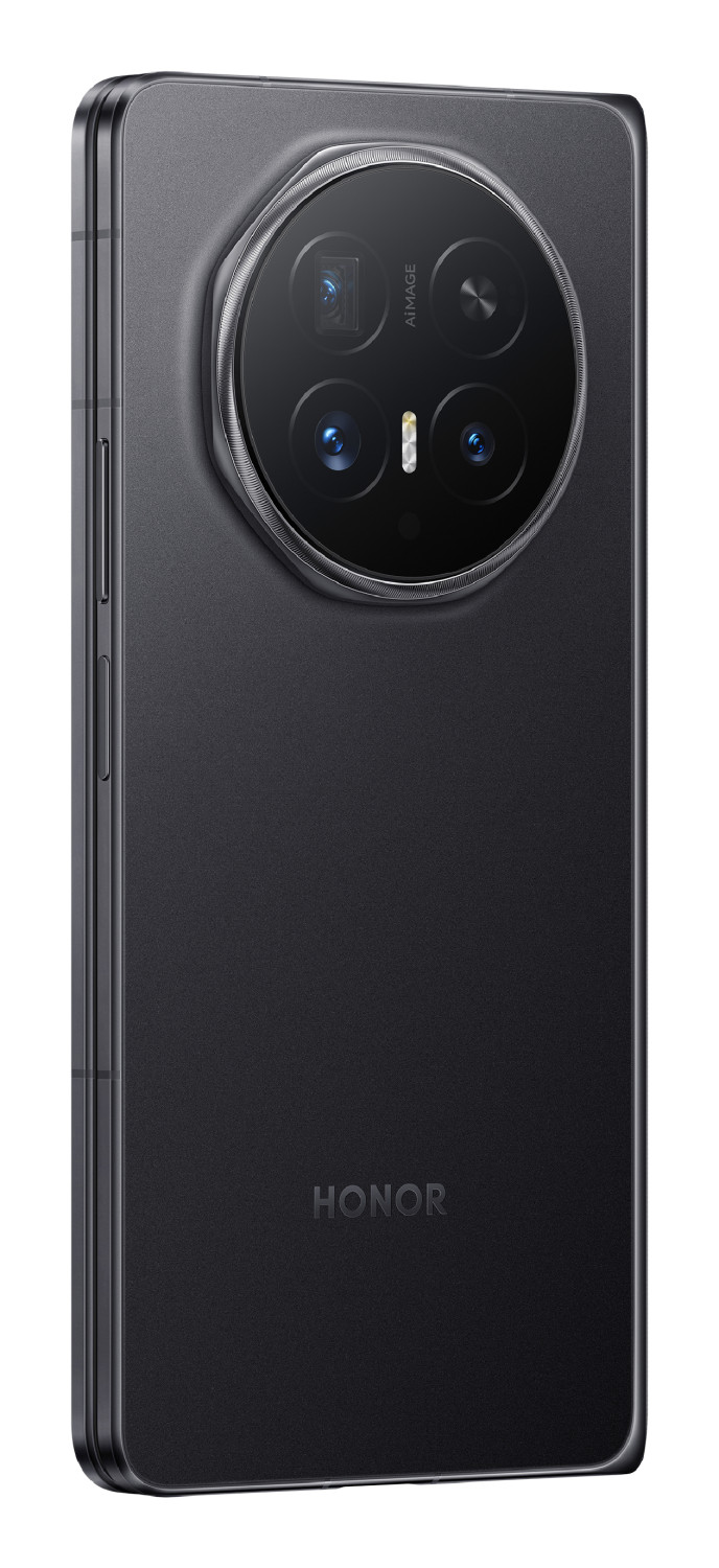 Dunkelgraues Honor-Smartphone mit kreisförmigem Kameramodul und Logo.