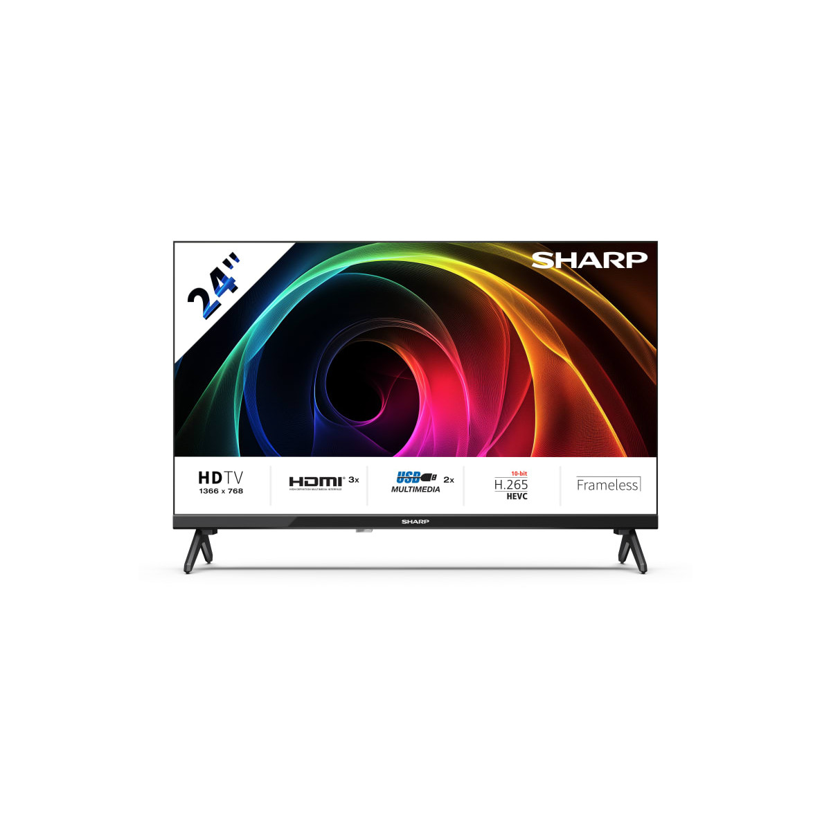 Un TV Sharp HDTV da 24 pollici con immagine astratta e vibrante, HDMI, USB e H.265 HEVC.