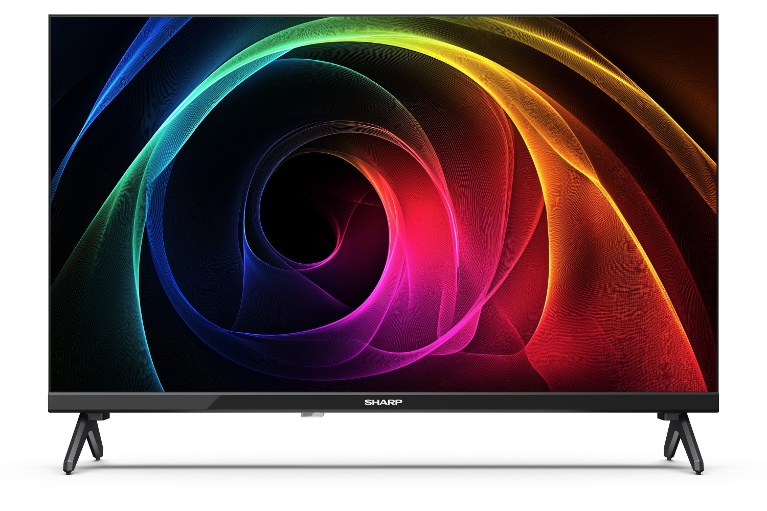 Una TV moderna con un motivo astratto e colorato di onde sullo schermo.