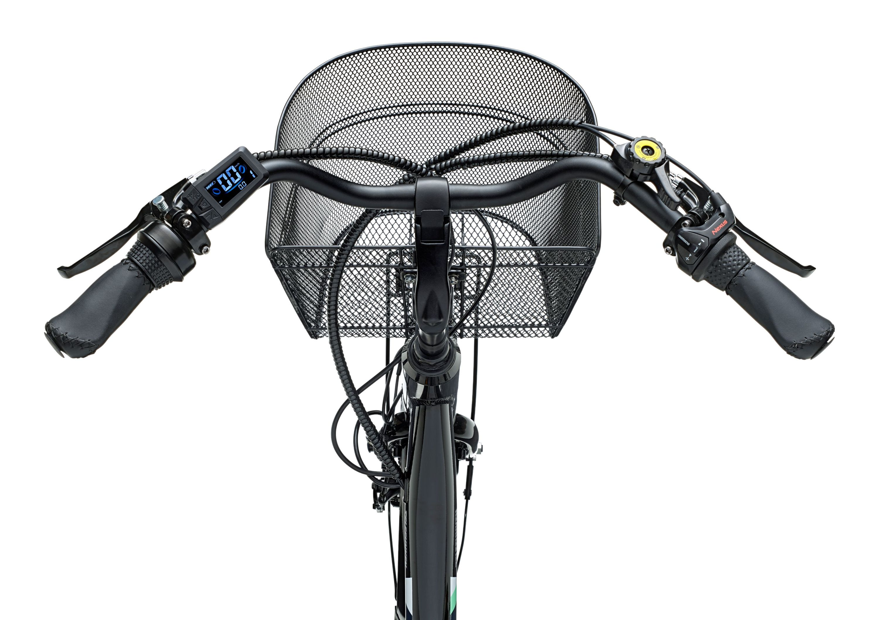 Vorderansicht eines schwarzen Fahrradlenkers mit Korb und Display.