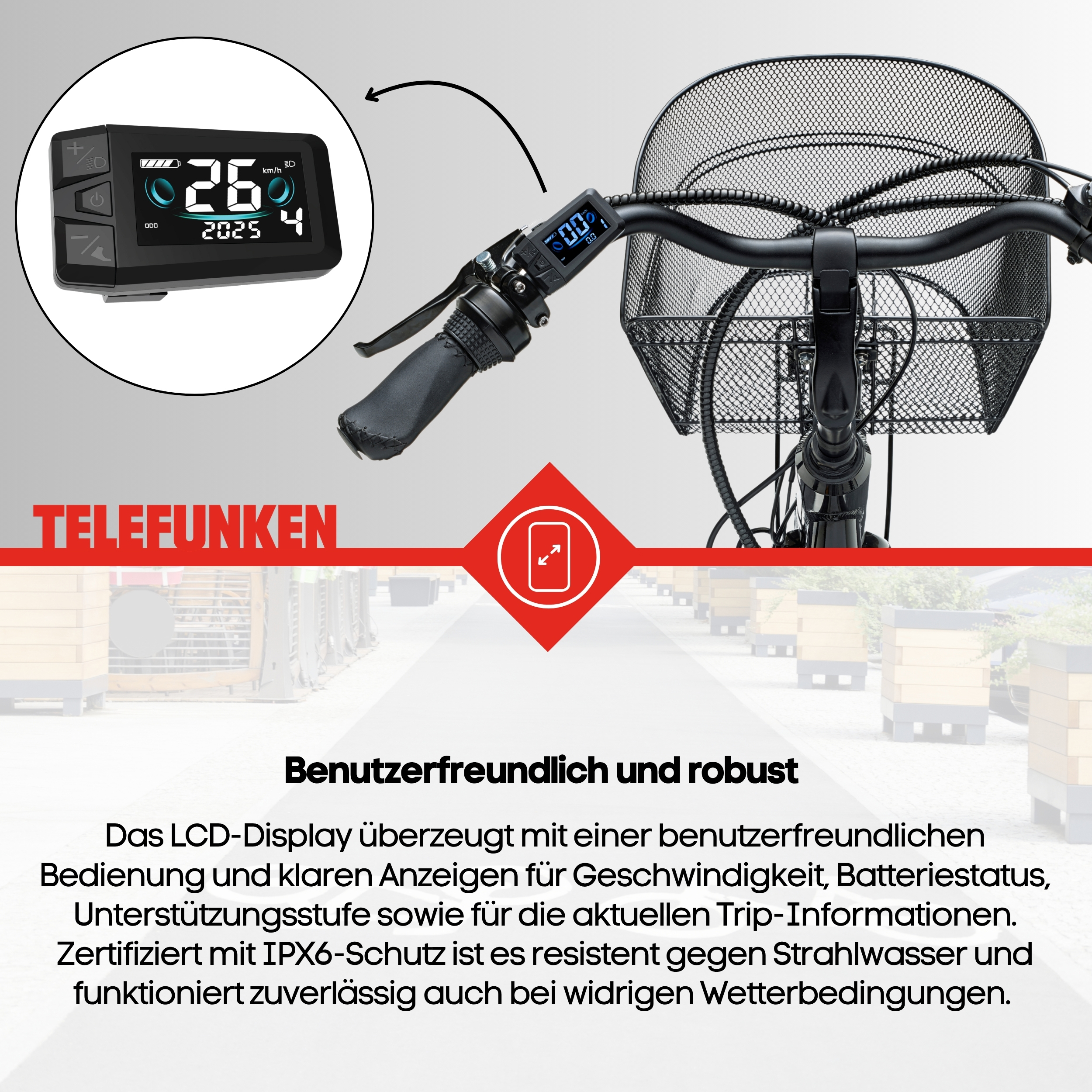 Ein schwarzes Fahrrad-Display zeigt 26 km/h und Akku an.