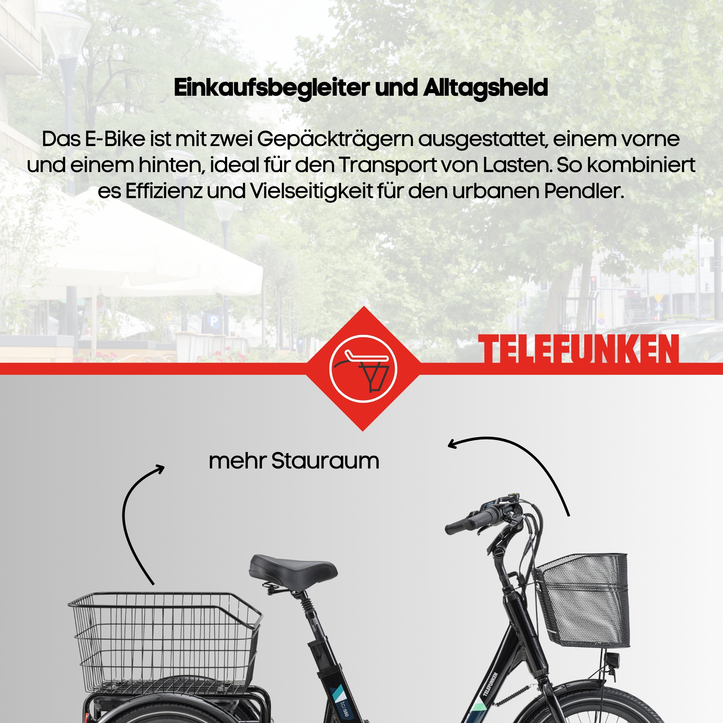 Ein schwarzes E-Bike mit zwei Körben, vorne und hinten, für mehr Stauraum.