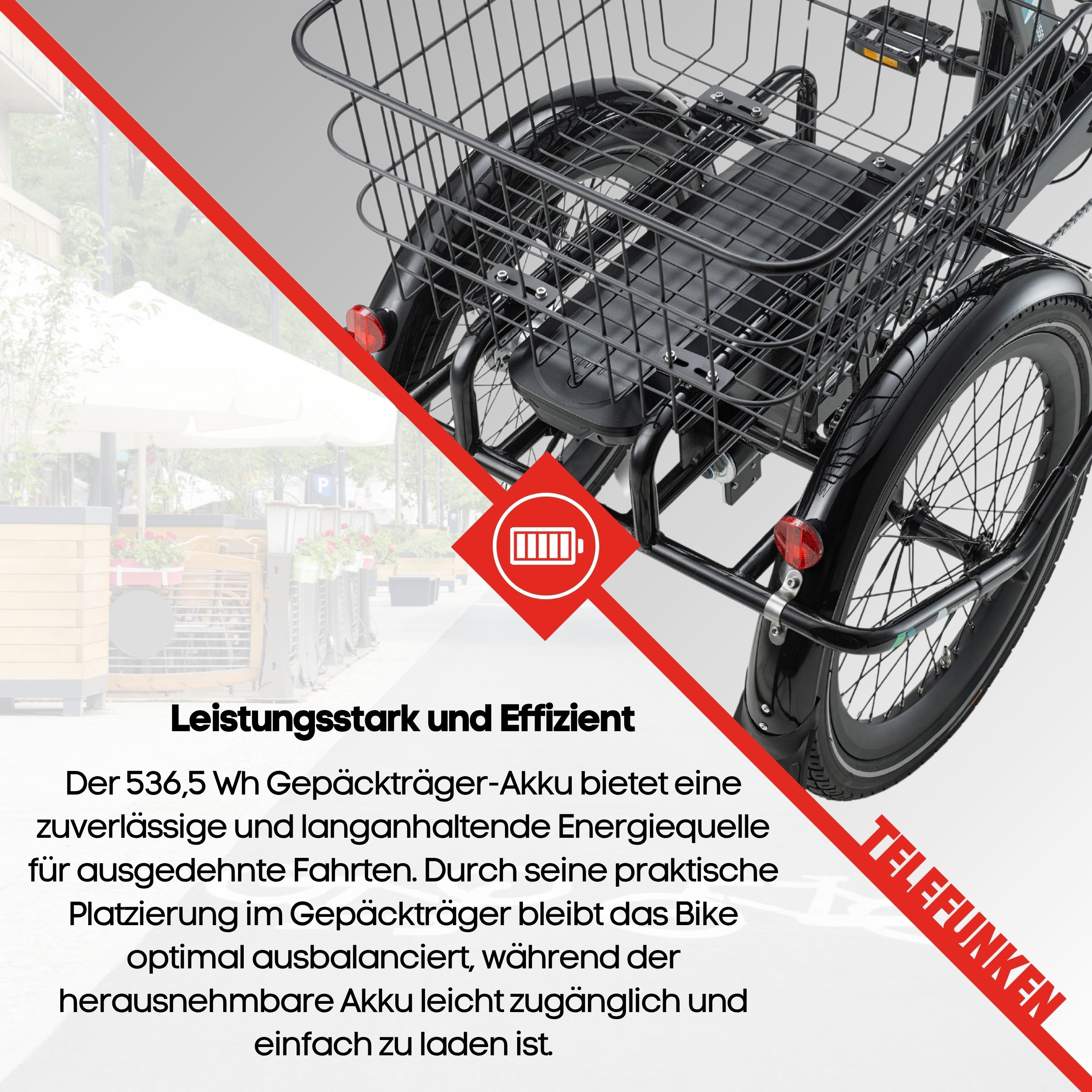 Ein schwarzes Dreirad mit Gepäckträger und Akku, vor unscharfem Hintergrund.