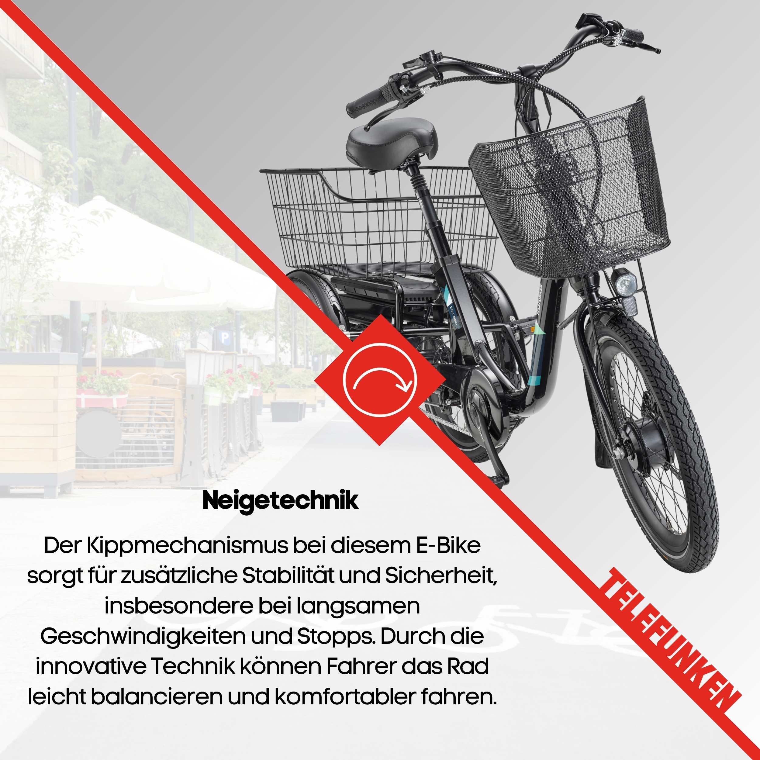Schwarz-weißes Bild eines E-Dreirads mit Korb. Text erwähnt Neigetechnik.