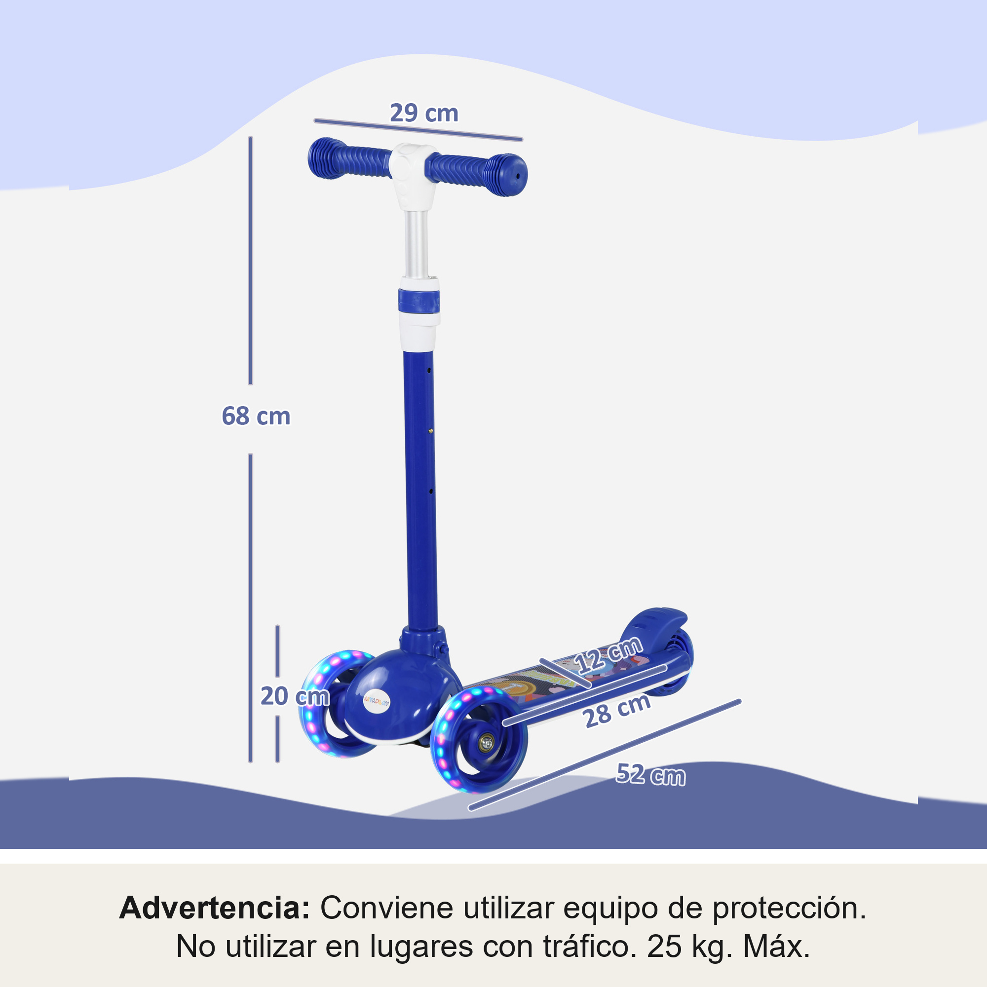 Un patinete azul con ruedas luminosas y etiquetas de medidas.