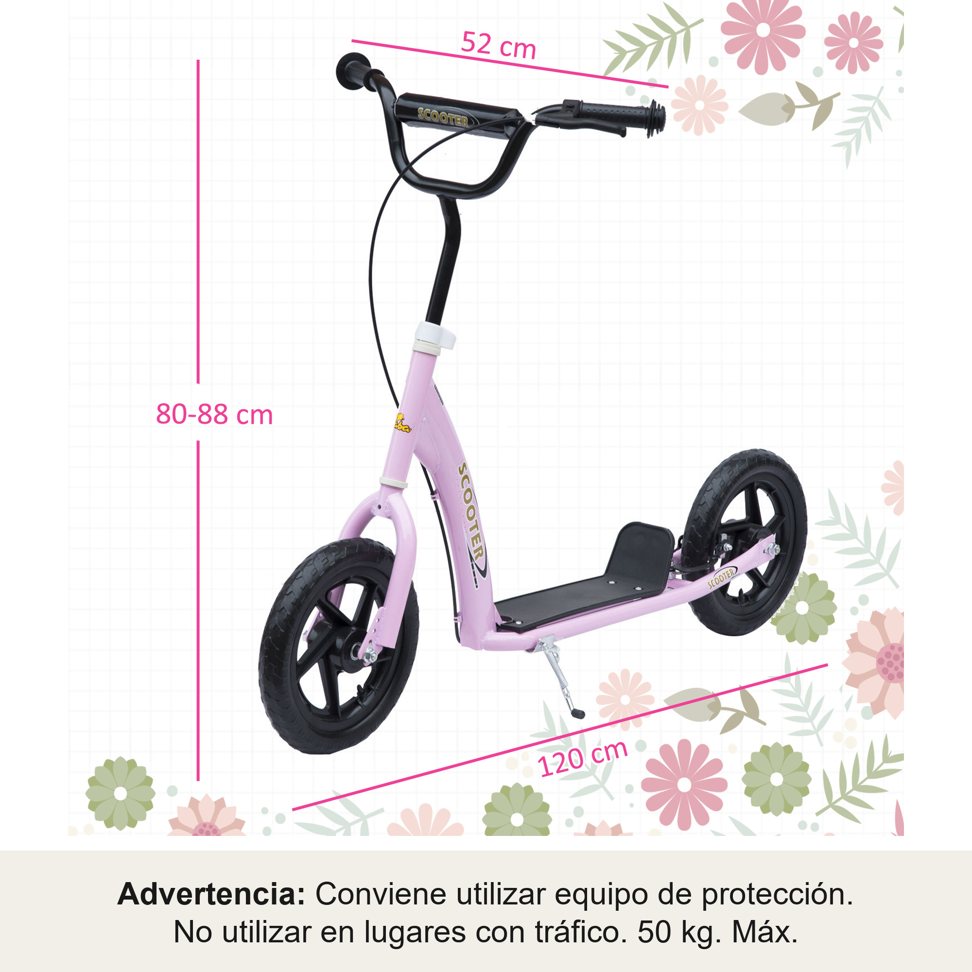 Un patinete rosa con ruedas, manillar y tabla negros. Dimensiones mostradas.