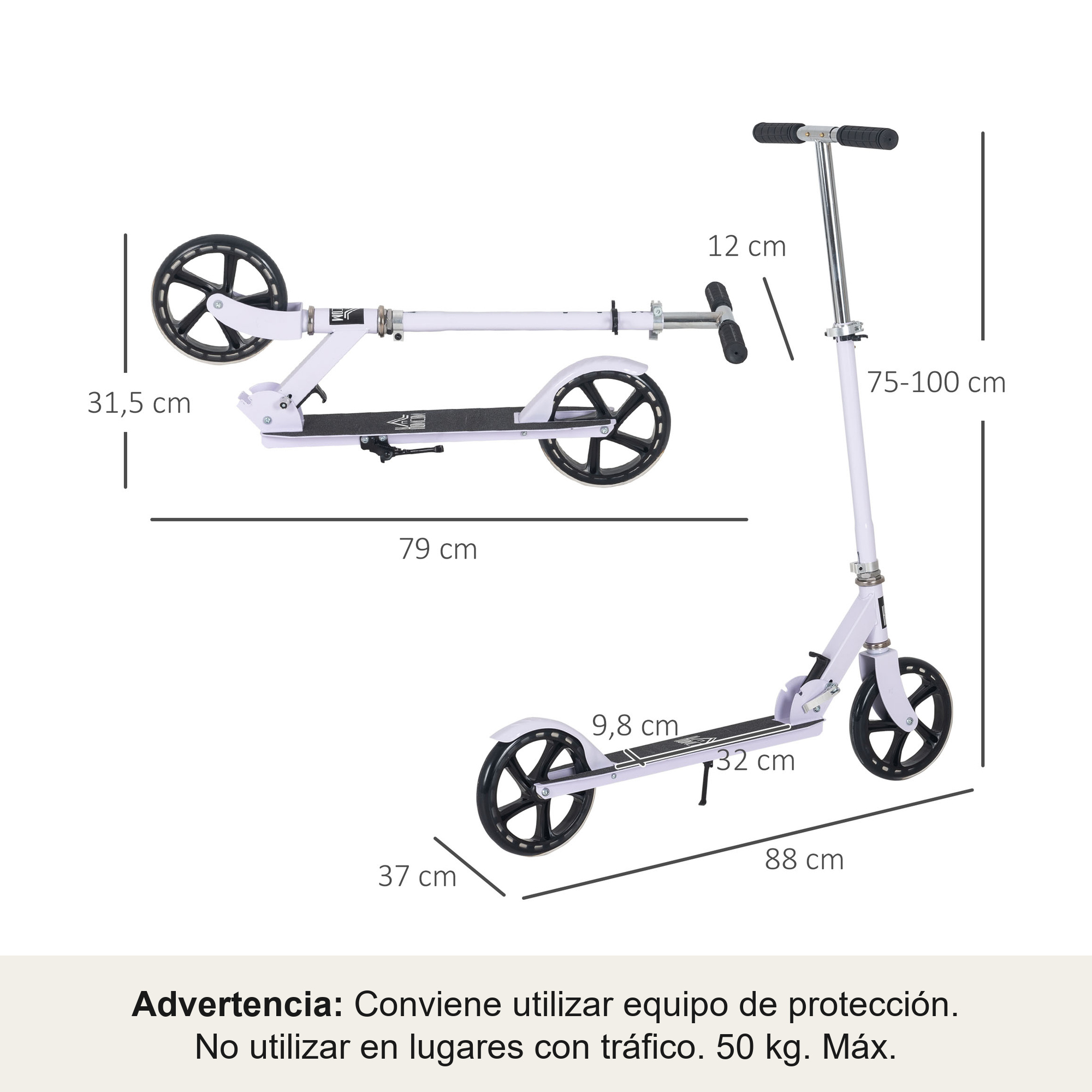 Se muestra un patinete blanco con ruedas negras y dimensiones.