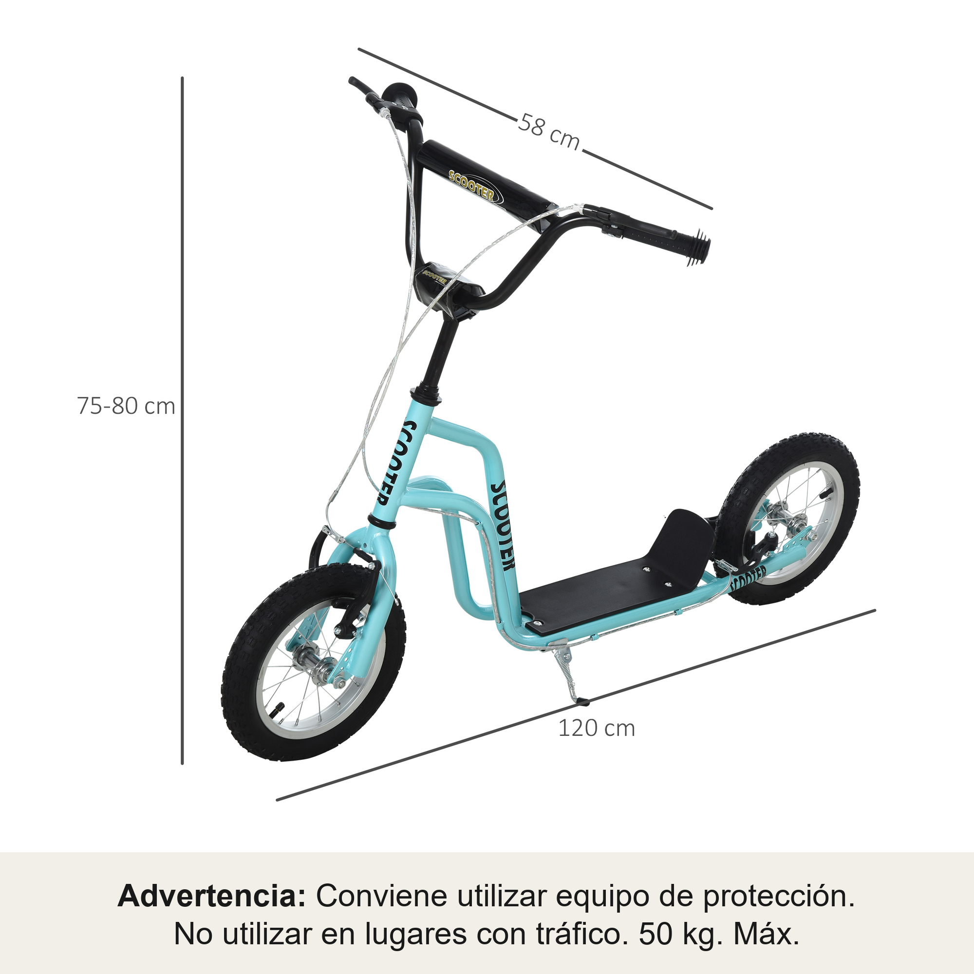 Un patinete turquesa con manillar, ruedas y plataforma negros. Dimensiones indicadas.