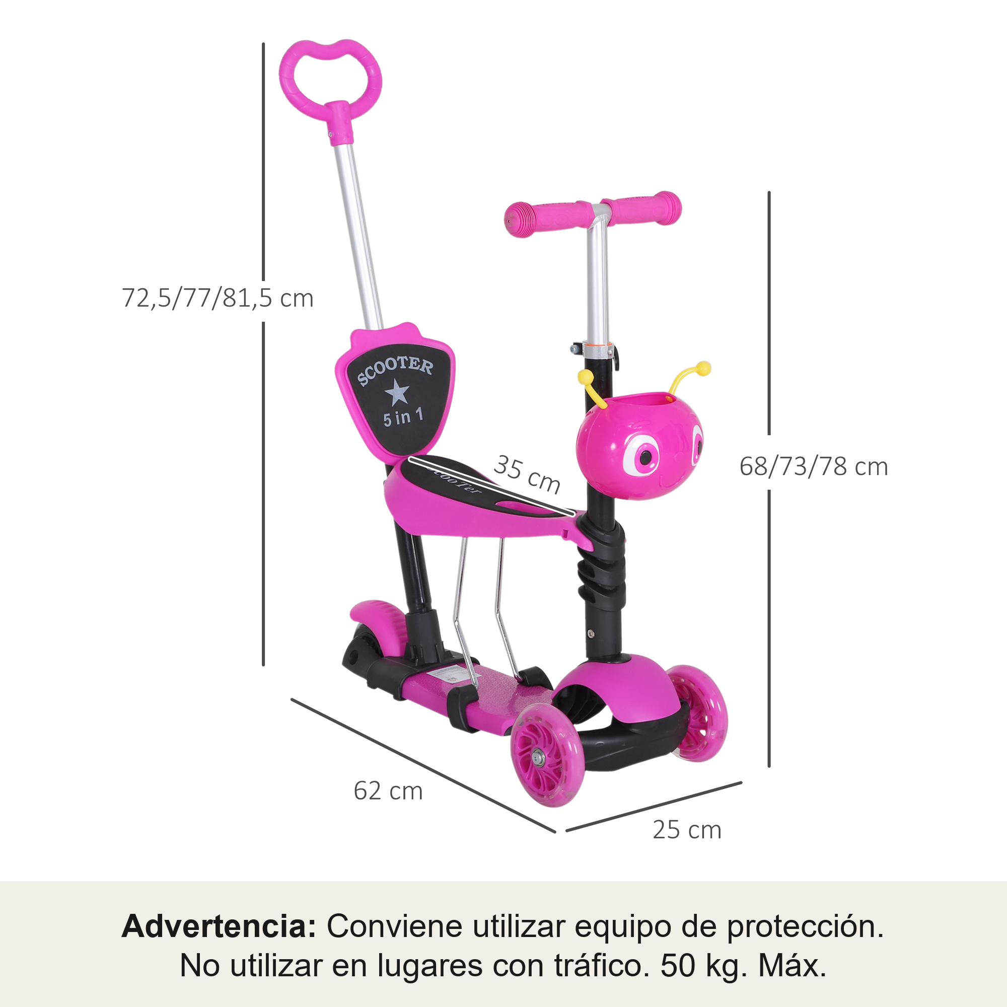 Un patinete rosa de 3 ruedas con asiento y manillar ajustable.