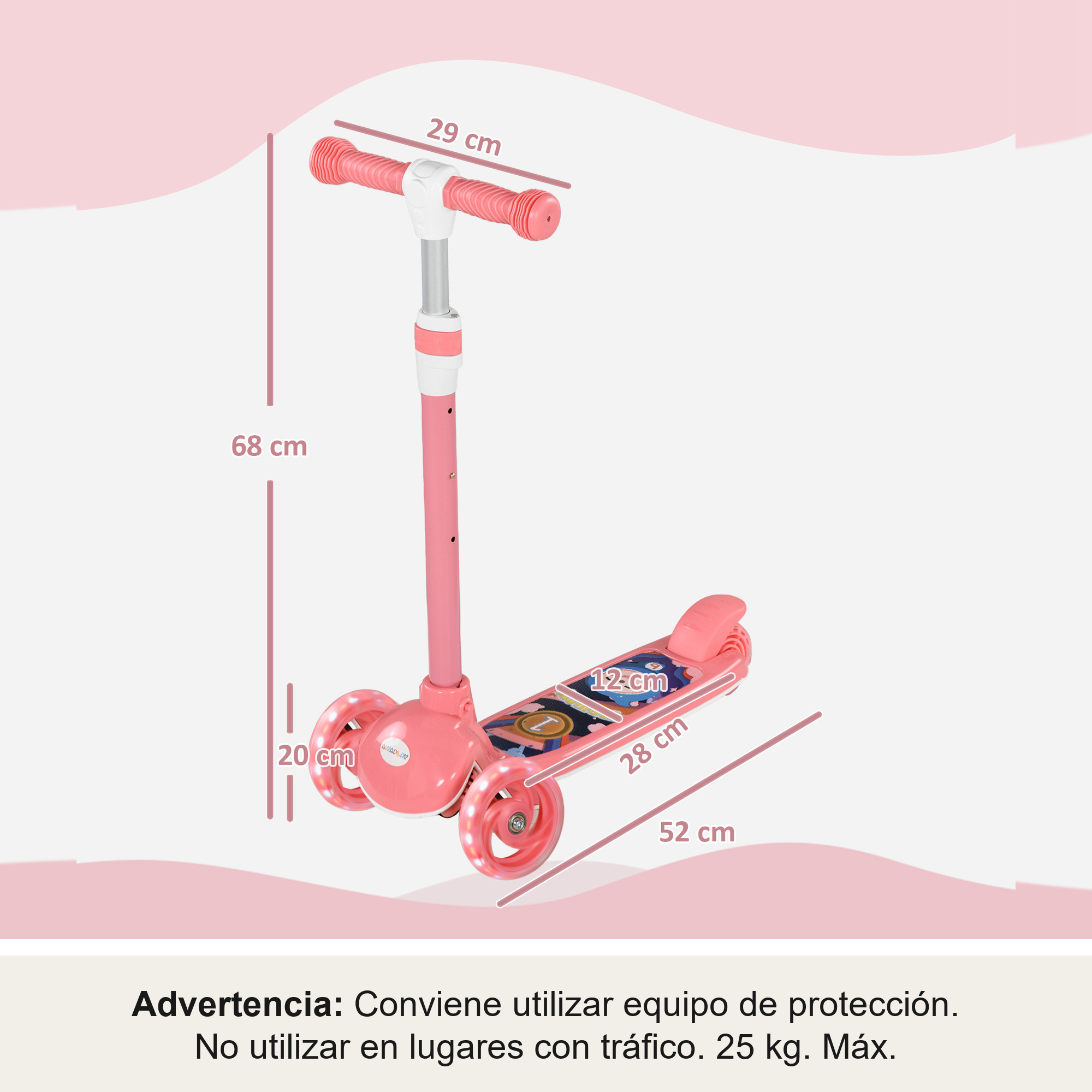 Un patinete rosa de tres ruedas con luces, mide 68 cm de alto.