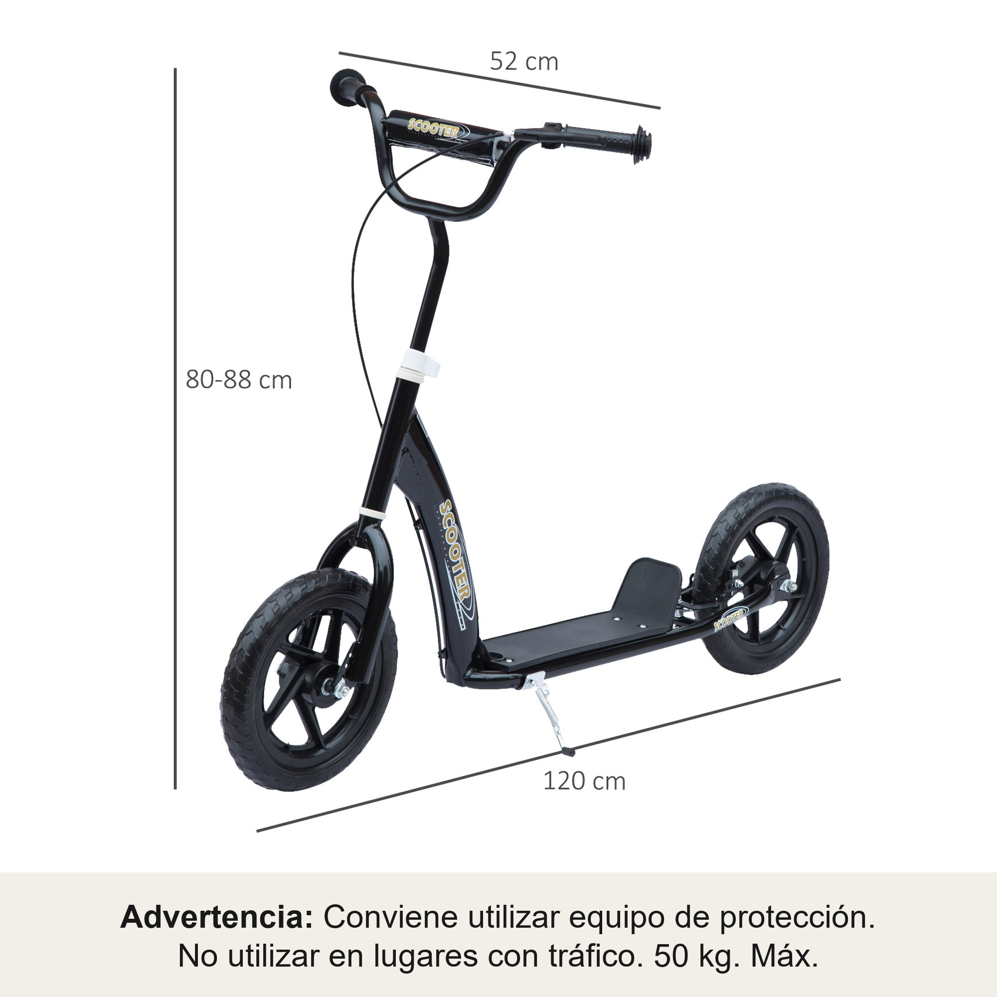 Patinete negro con ruedas grandes, altura manillar 80-88 cm, ancho 52 cm.