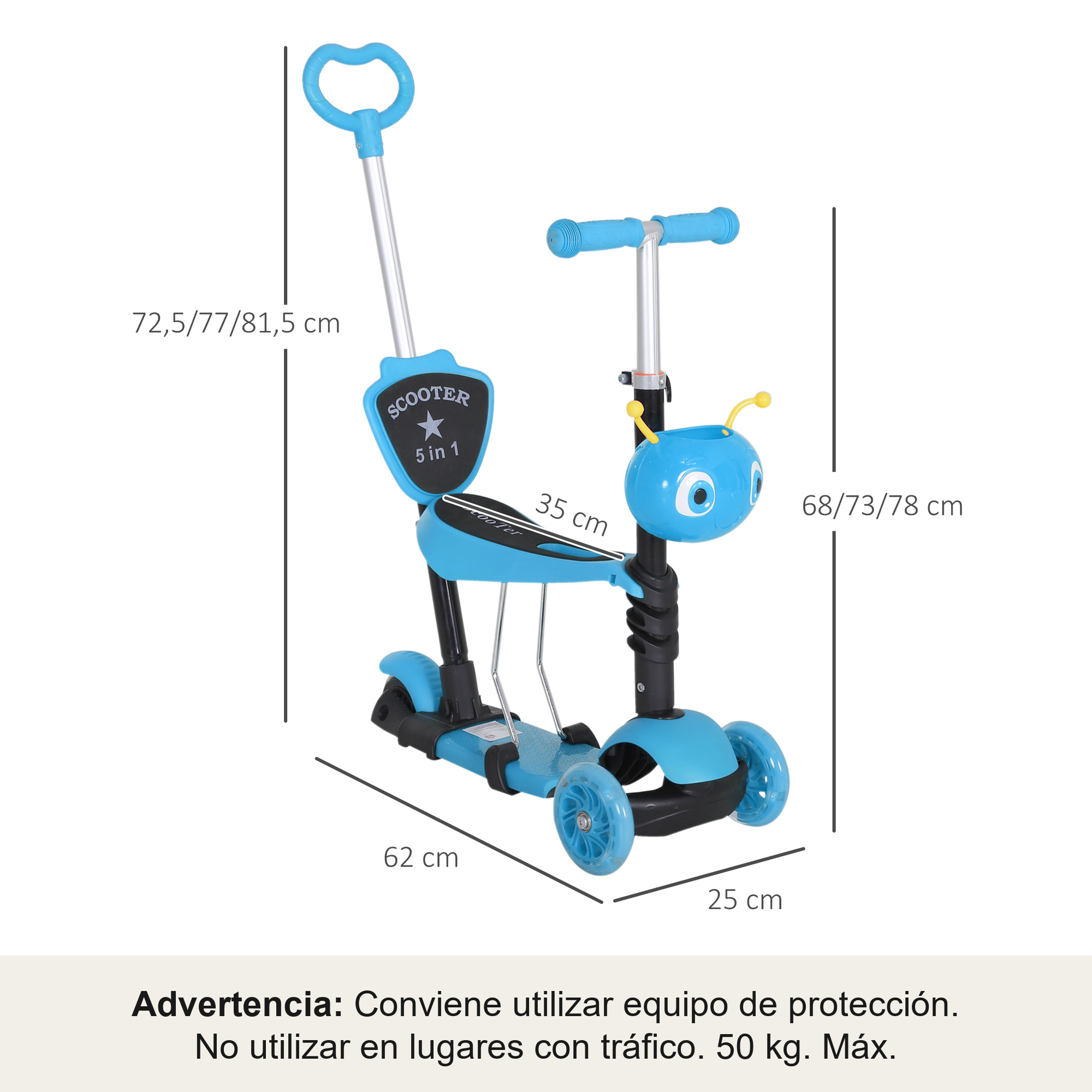 Un patinete azul y negro 5 en 1 con manillar y asiento ajustables. Diseño de abeja de dibujos animados.