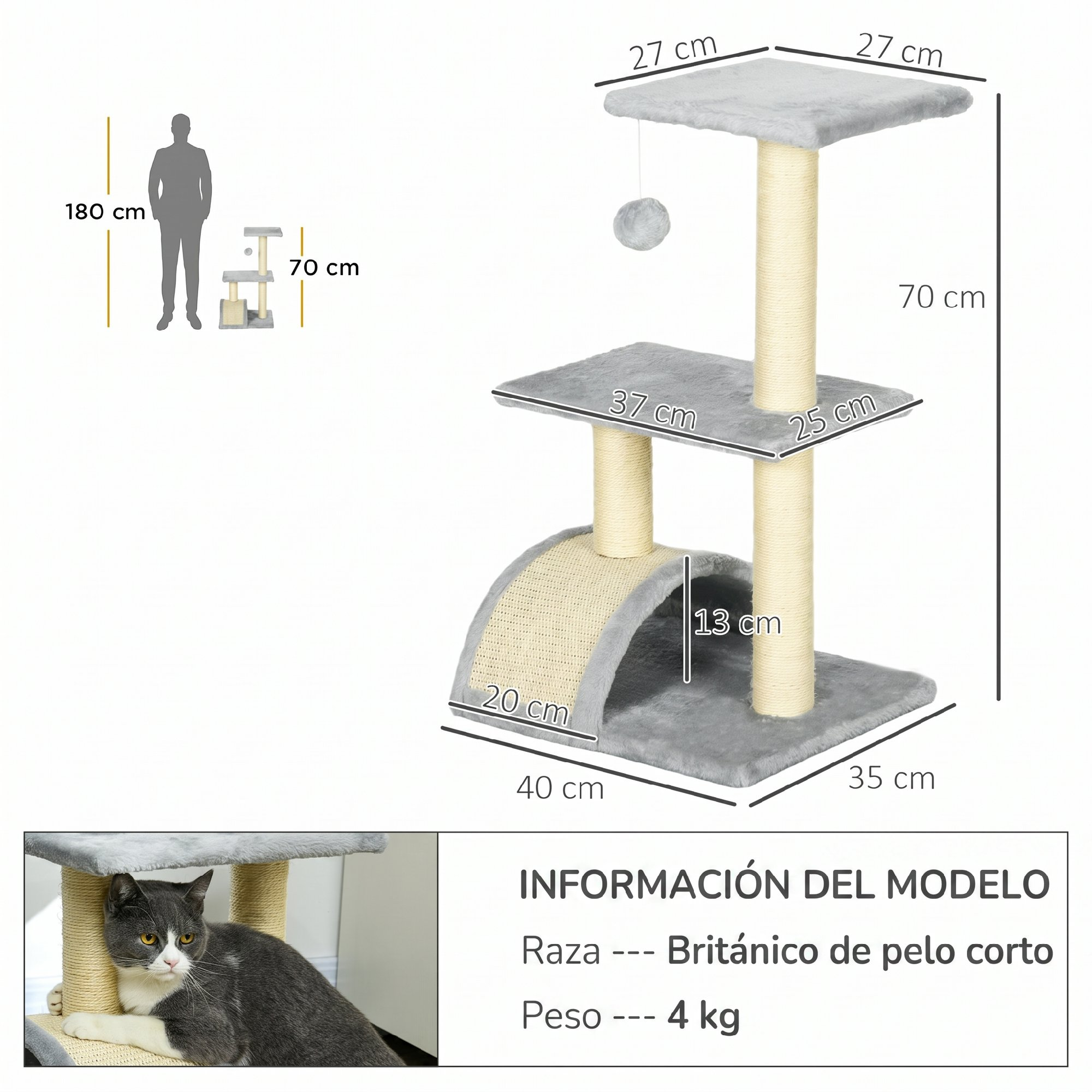 Un árbol rascador gris con dos niveles, una hamaca y una pelota de juguete.