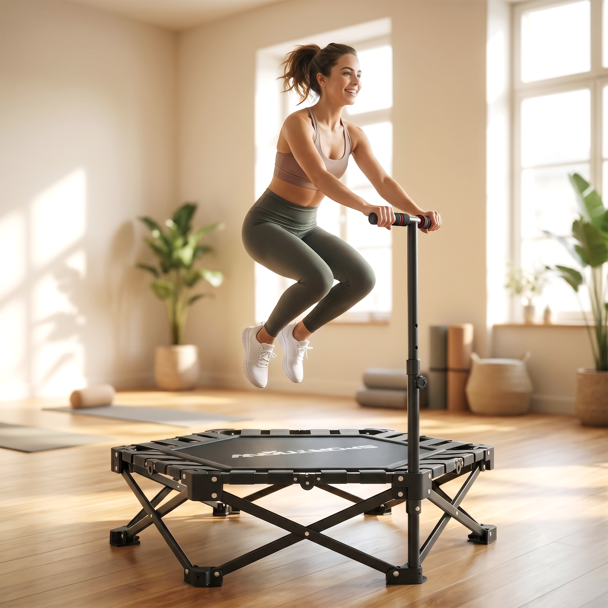 Mujer saltando en un trampolín negro en una habitación luminosa con plantas.