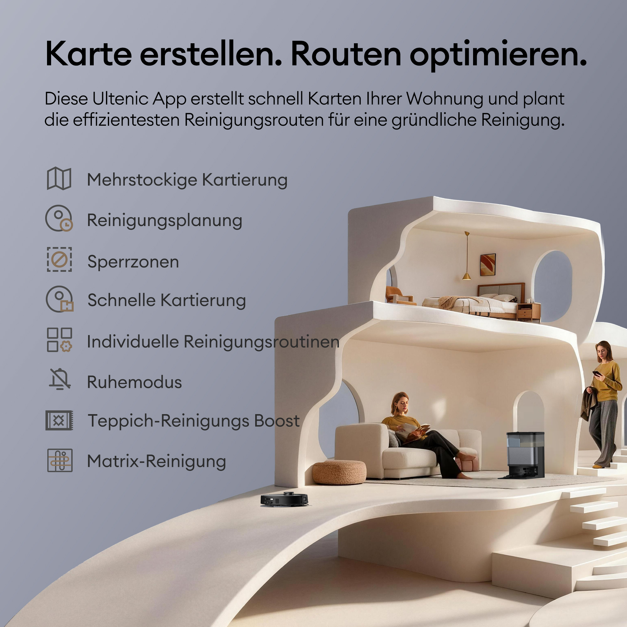 App-Funktionen: Mehrstockige Kartierung, Reinigungsplanung, Sperrzonen, Routinen.