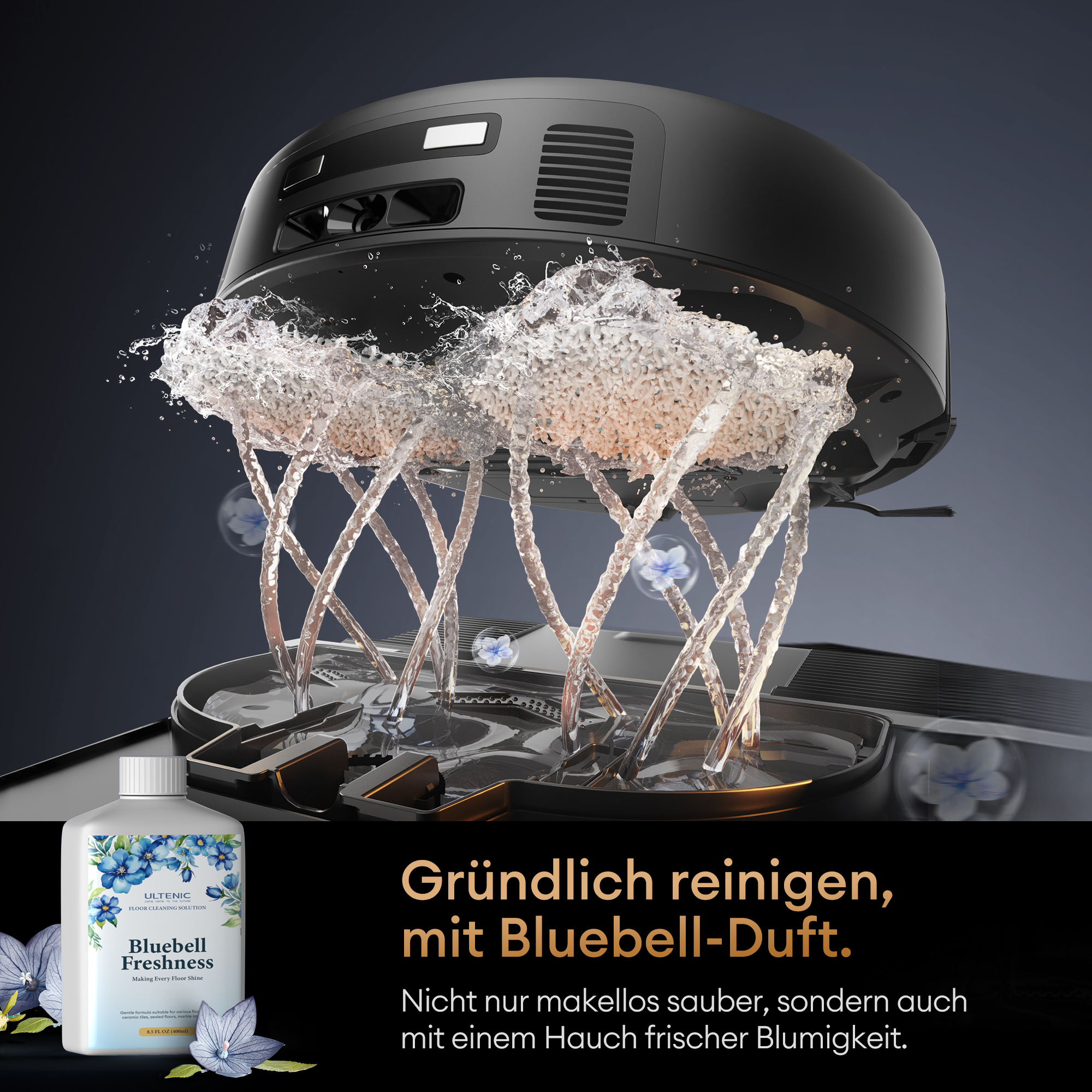 Ein Saugroboter mit Wasserstrahlen und einer Flasche Reinigungslösung.