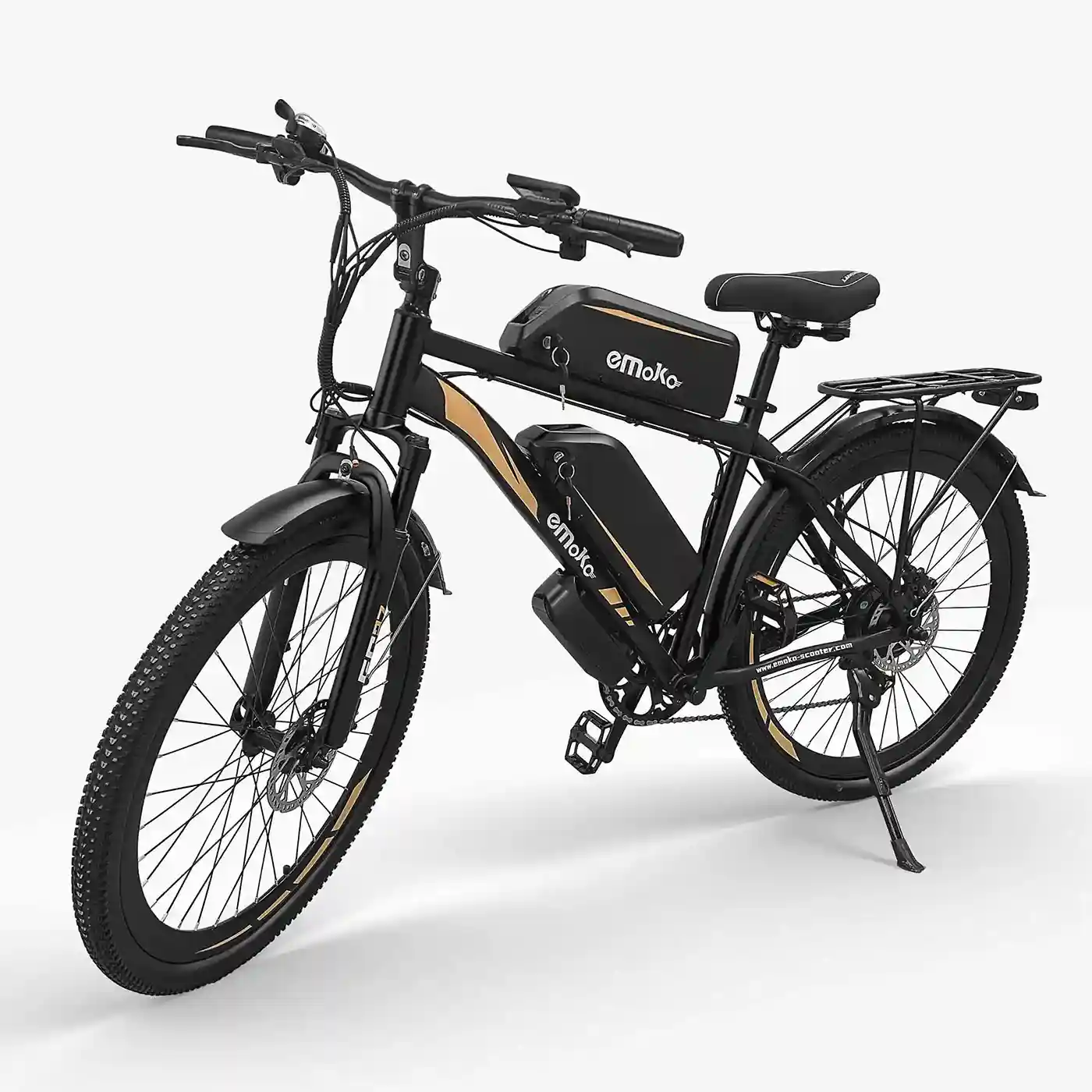 Bicicleta eléctrica negra con dos baterías, detalles dorados y portabultos.